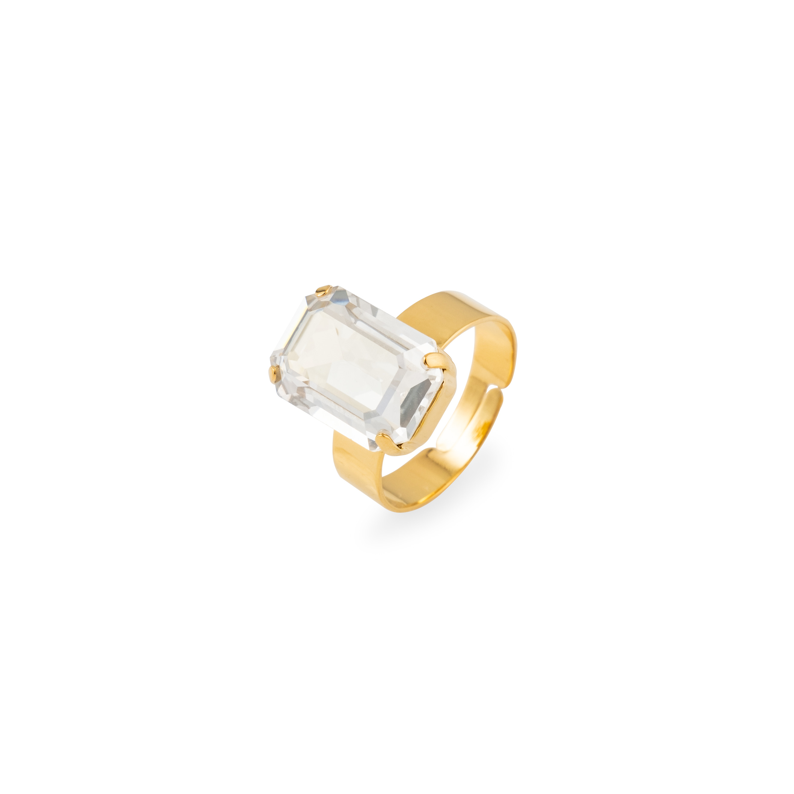 Adjustable gold-plated ring with octagon crystal