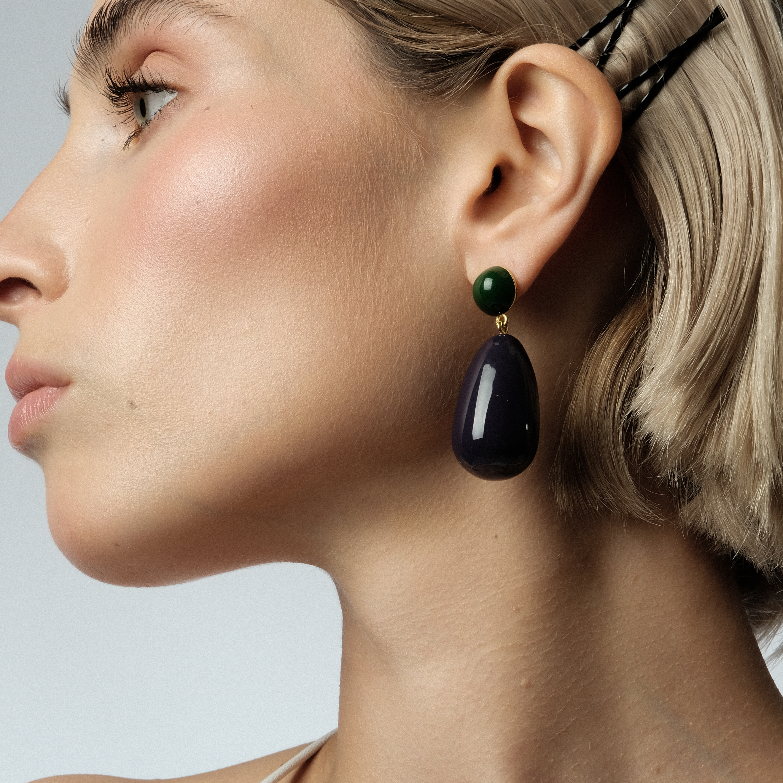 Large earrings with purple and green enamel