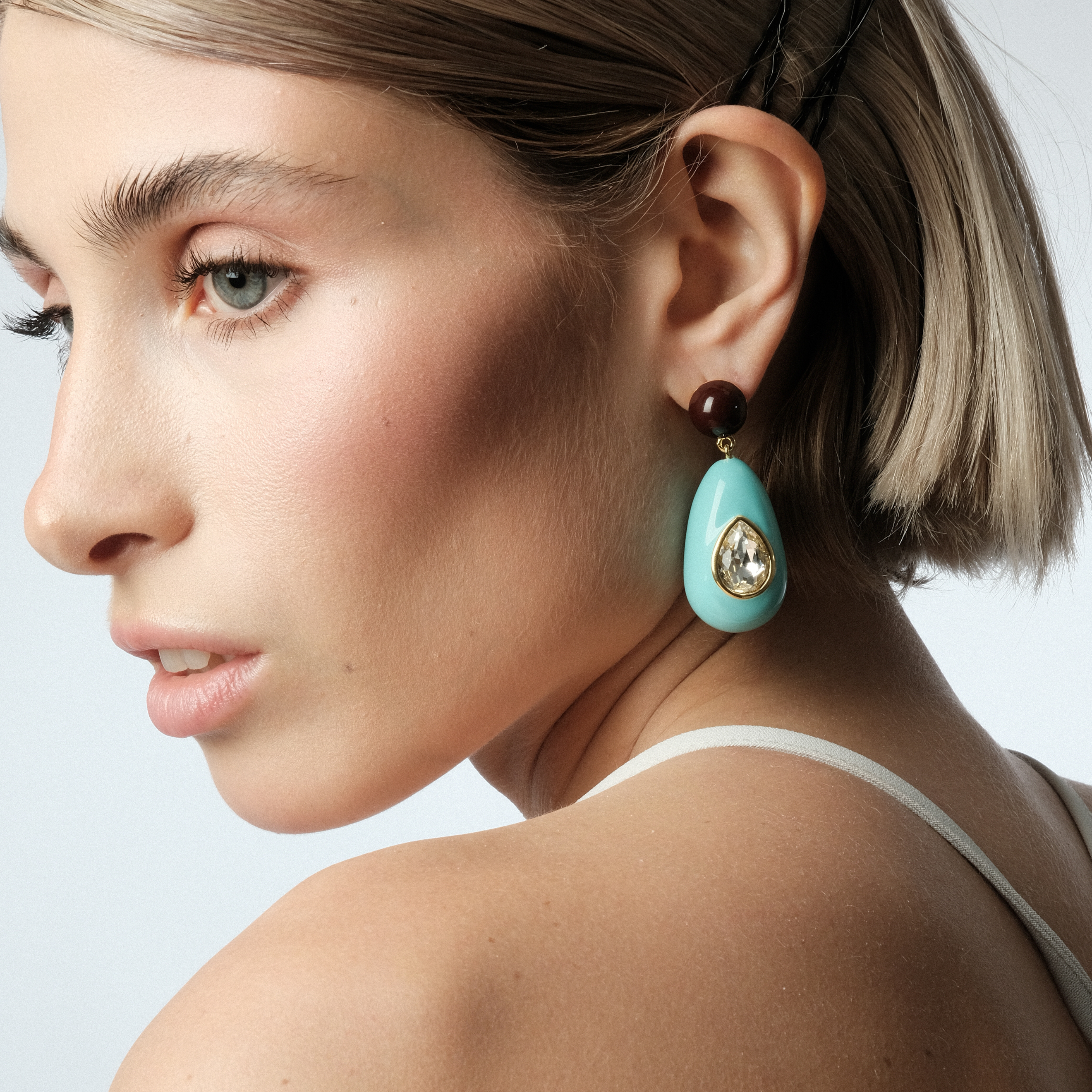 Large earrings with brown and blue enamel with large crystals