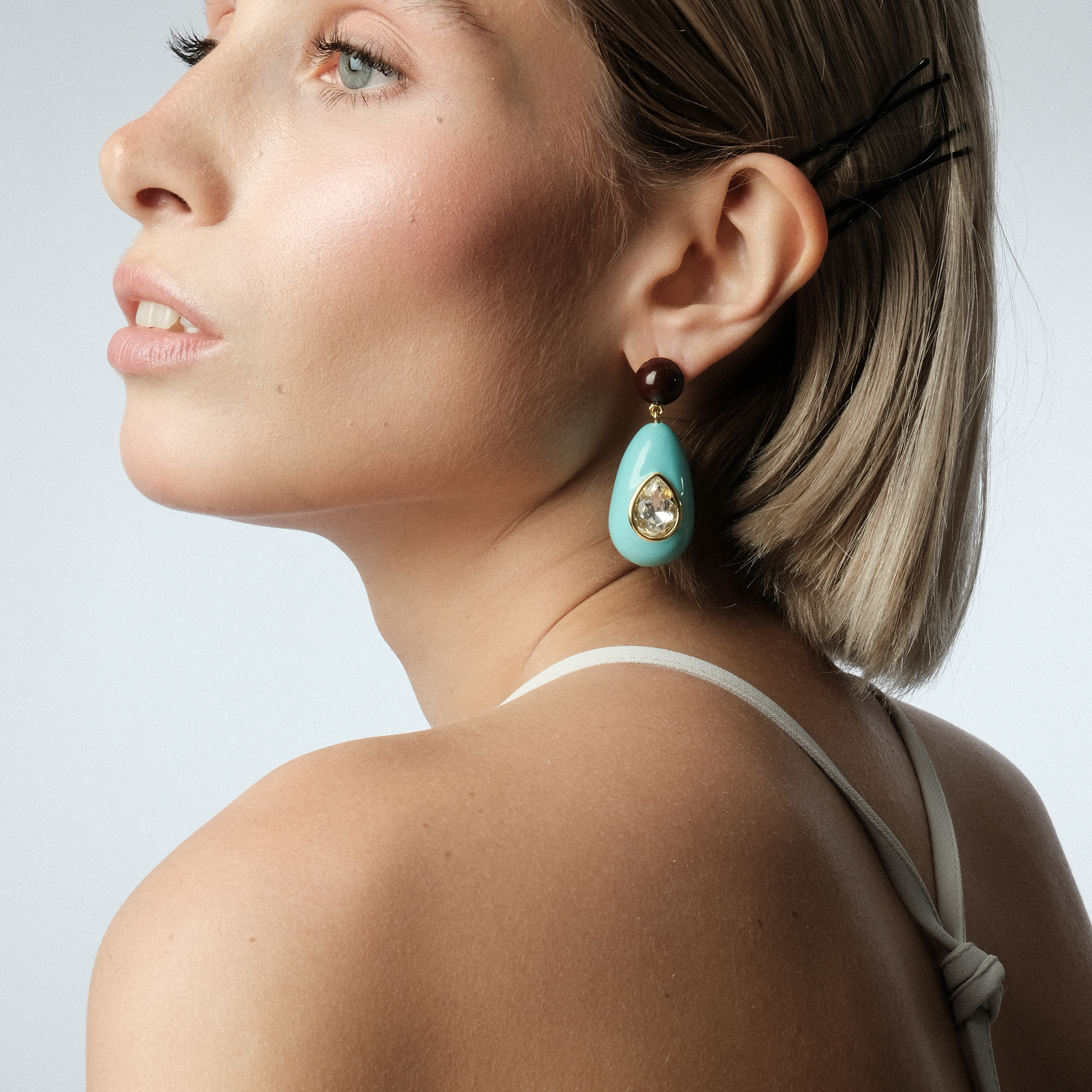 Large earrings with brown and blue enamel with large crystals