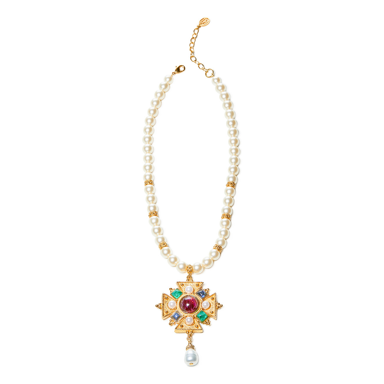 necklace with a cross pendant, malachite, agate and pearls