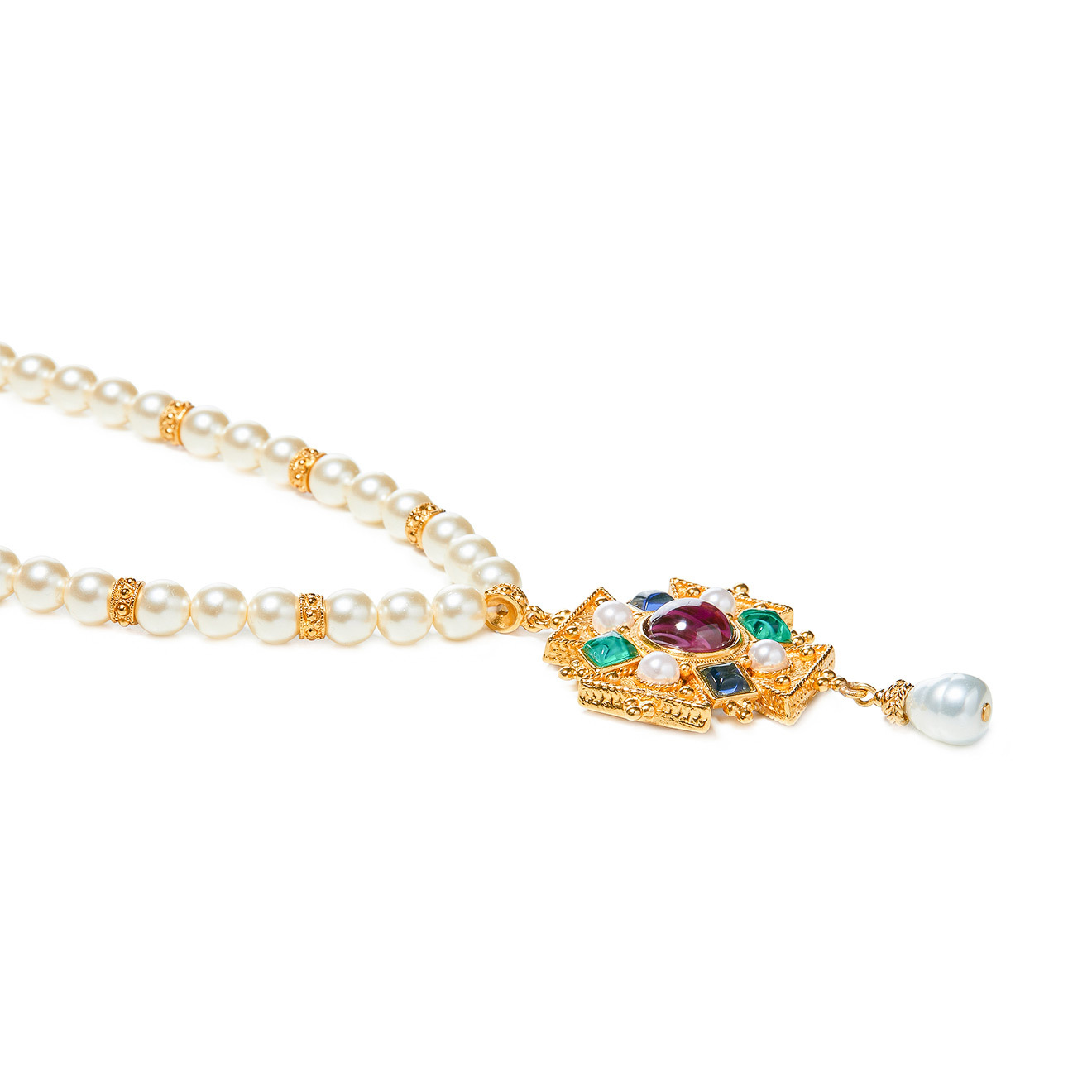 necklace with a cross pendant, malachite, agate and pearls