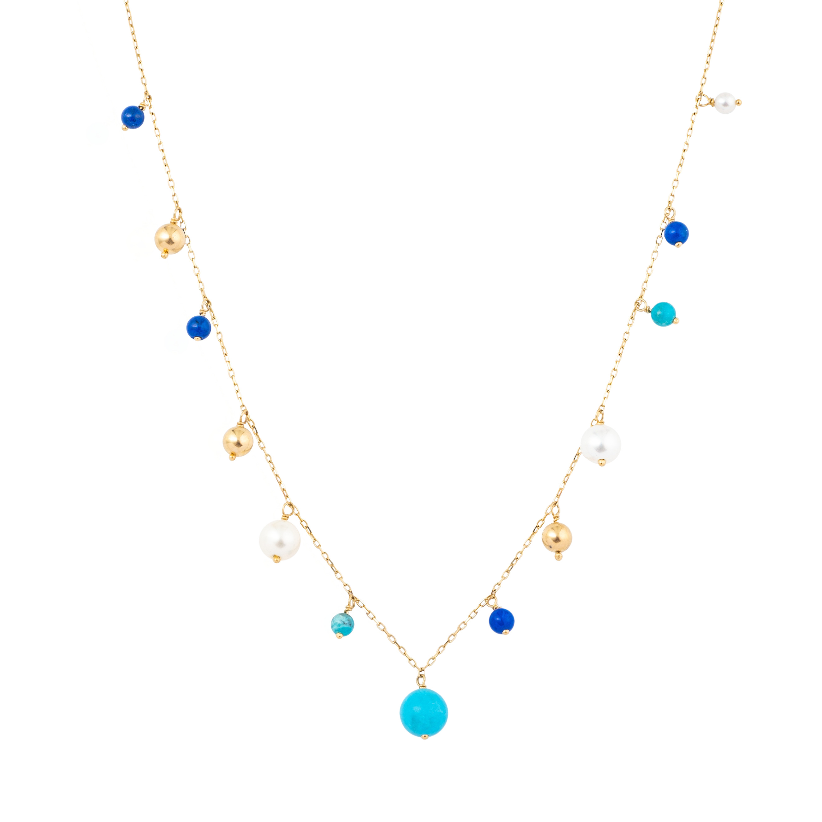 Gold necklace with pearl, turquoise and lapis pendants
