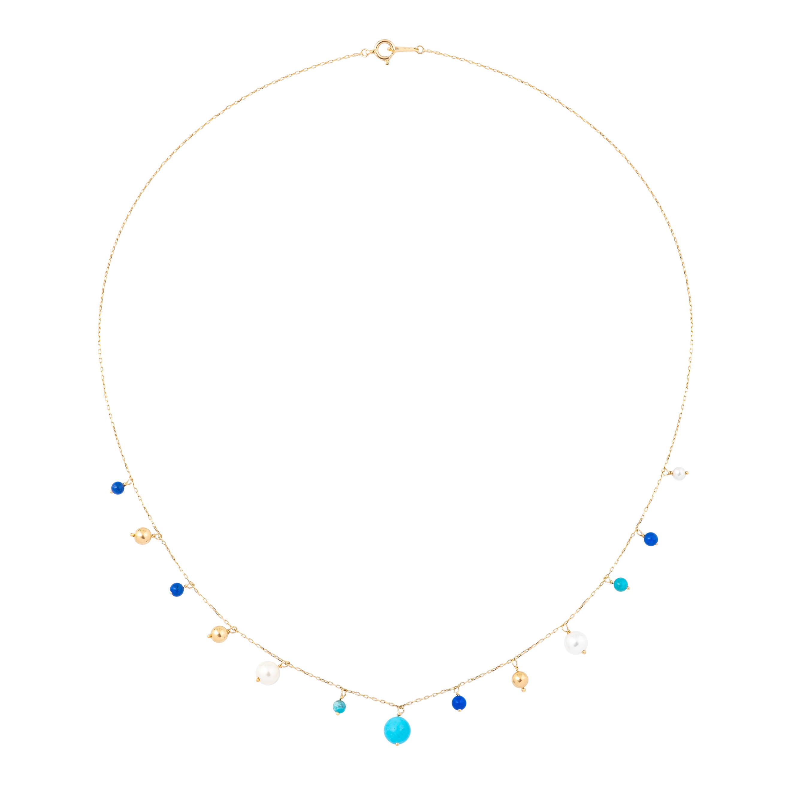 Gold necklace with pearl, turquoise and lapis pendants