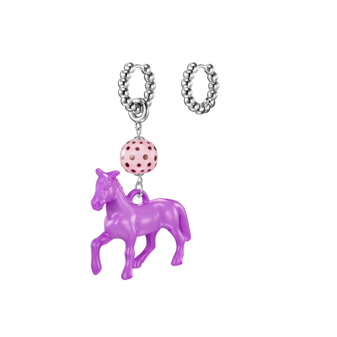 Kotlo Studio Purple Horse. Серебристые серьги с фиолетовой лошадкой и розовой бусиной Мурано