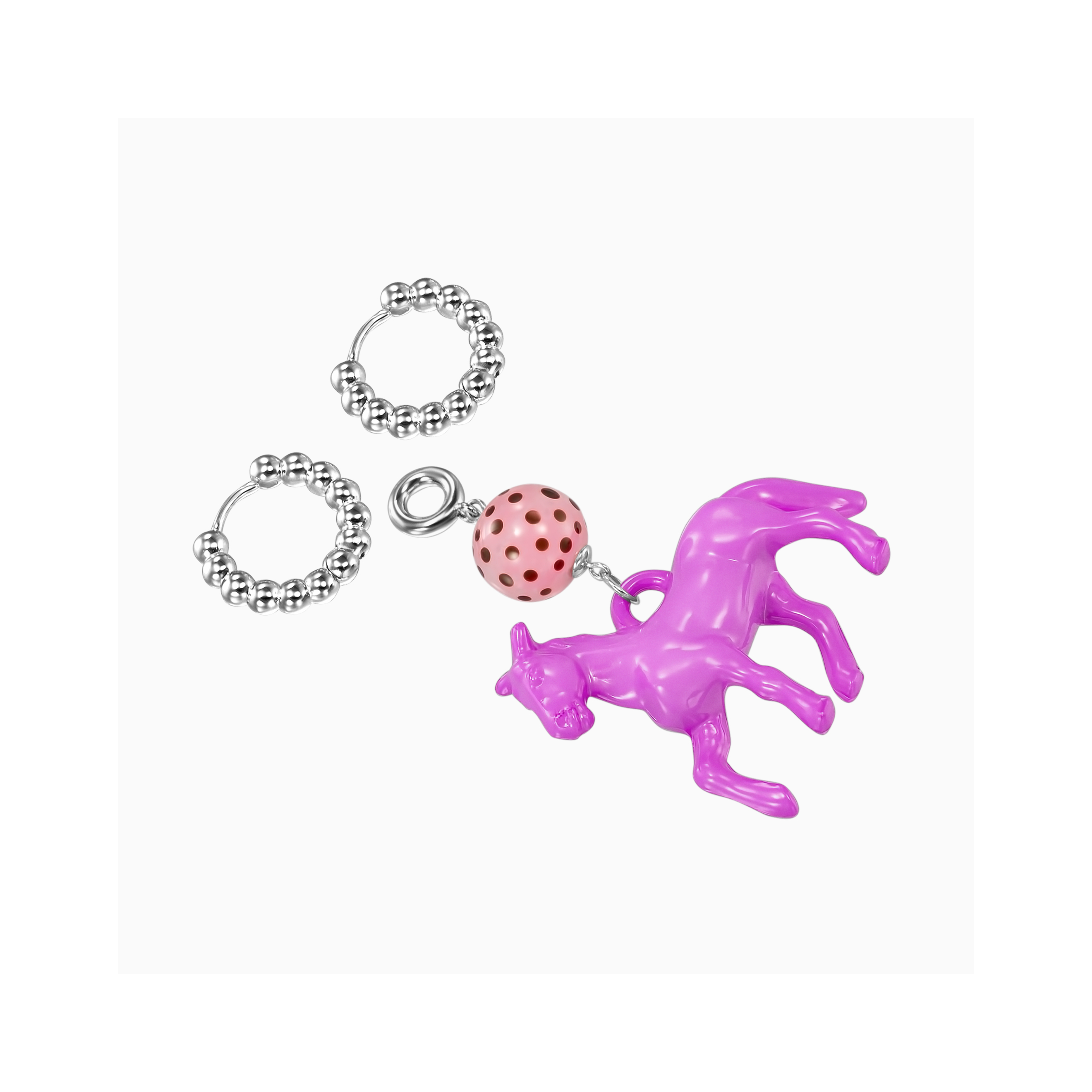 Purple Horse. Серебристые серьги с фиолетовой лошадкой и розовой бусиной Мурано