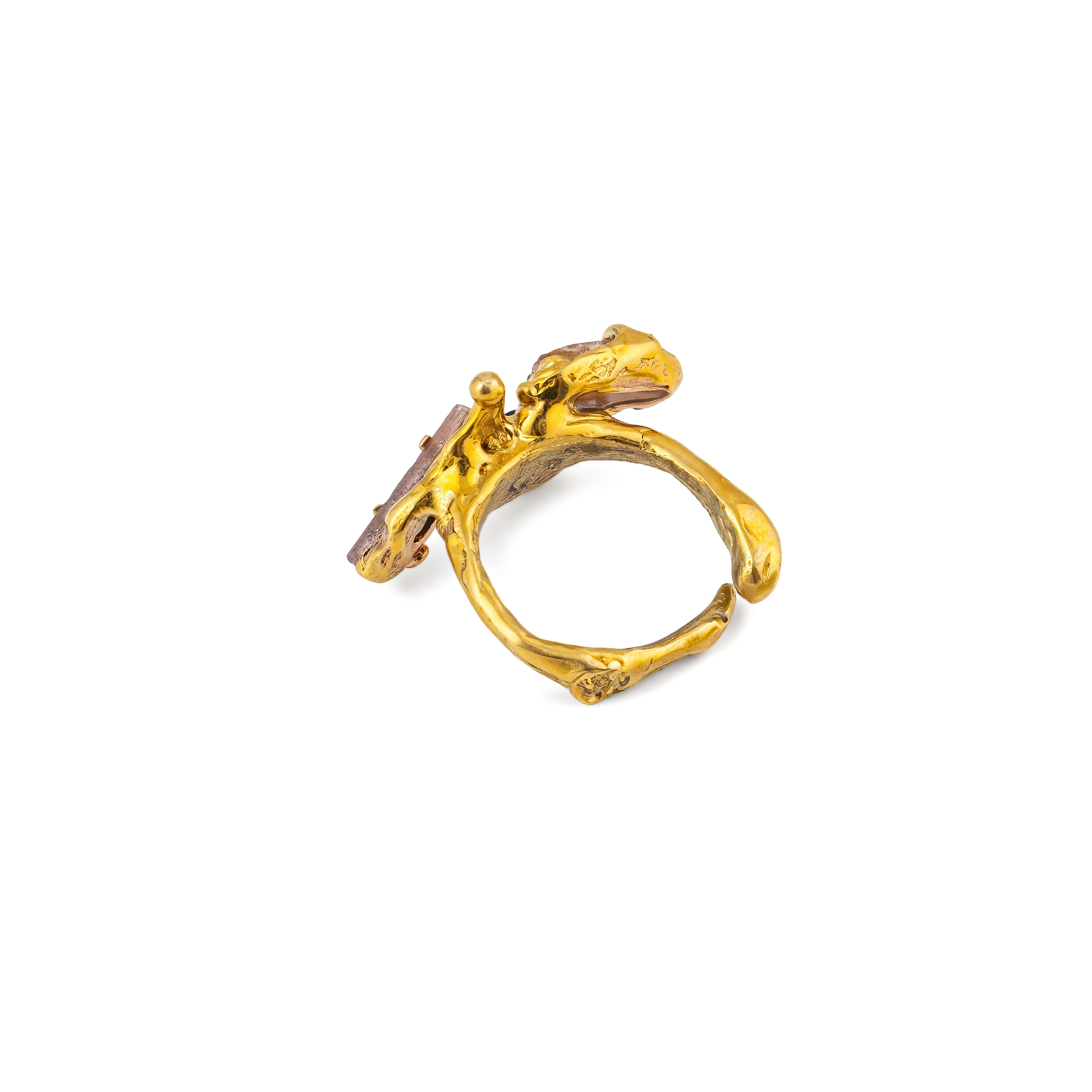 Brass ring with inserts: two tourmaline and garnet