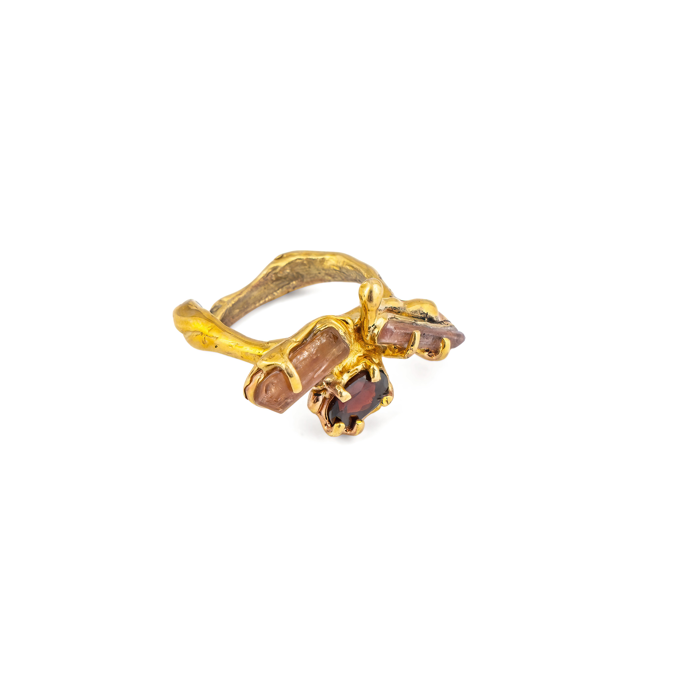 Brass ring with inserts: two tourmaline and garnet