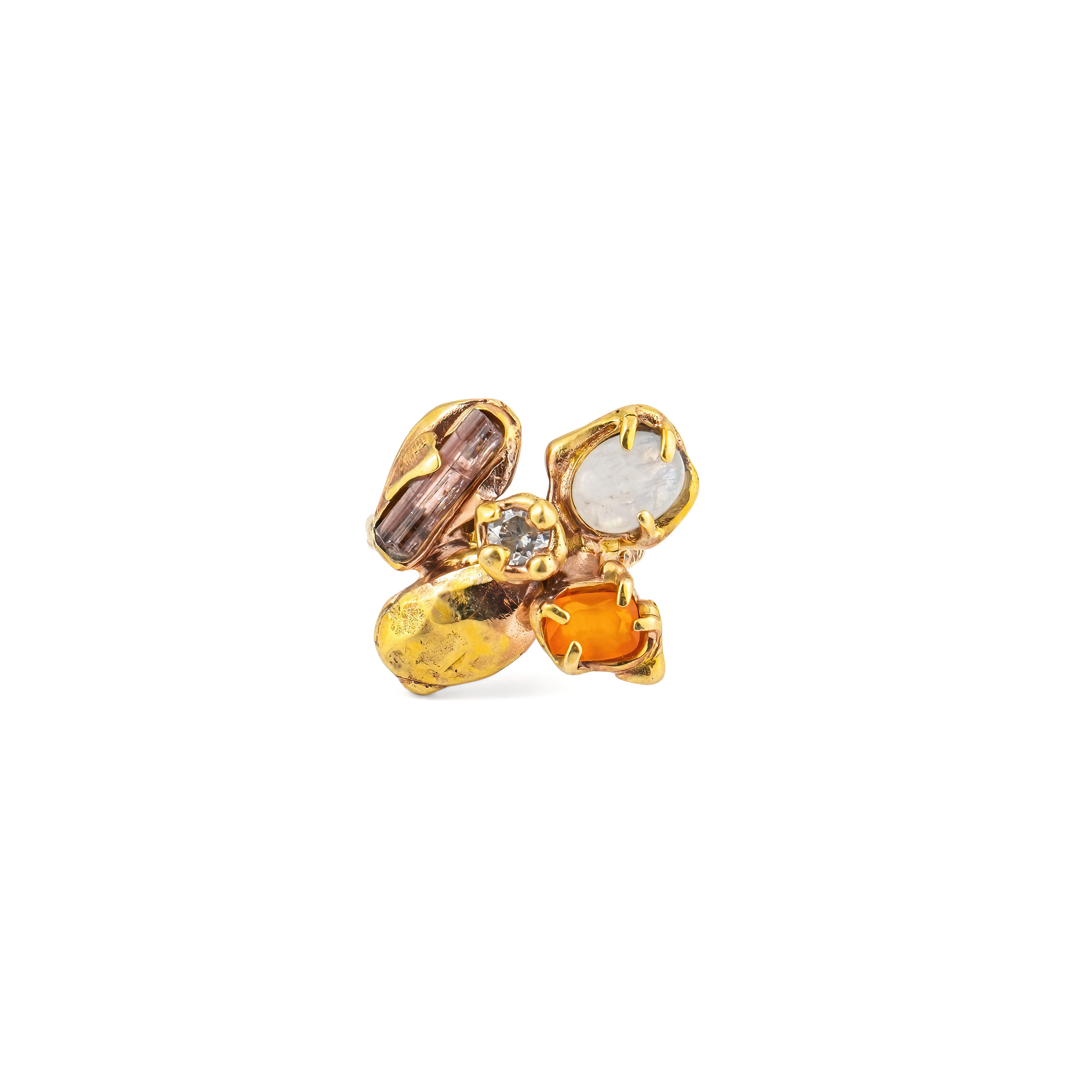 Brass ring with inserts: carnelian, quartz, tourmaline and cubic zirconia