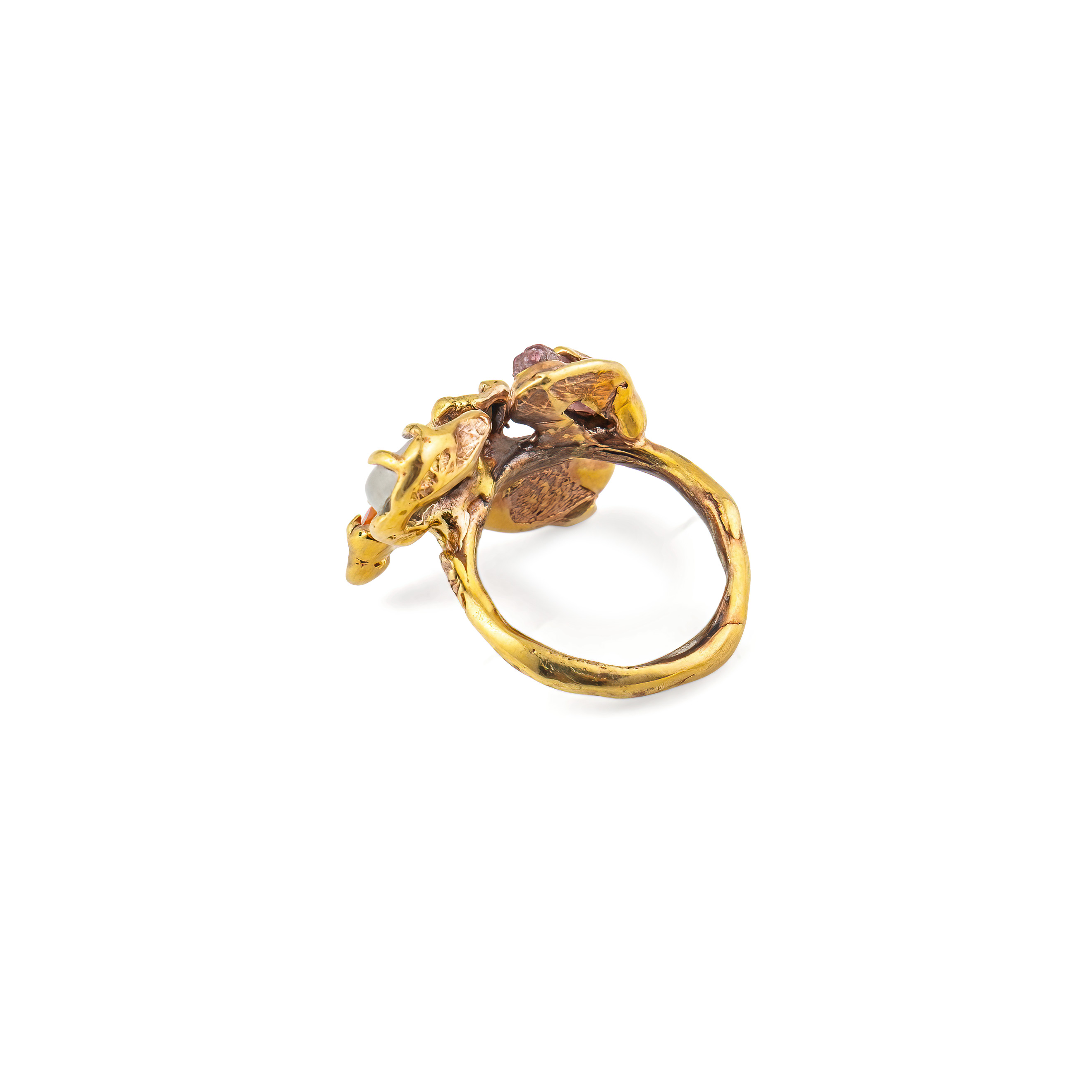 Brass ring with inserts: carnelian, quartz, tourmaline and cubic zirconia