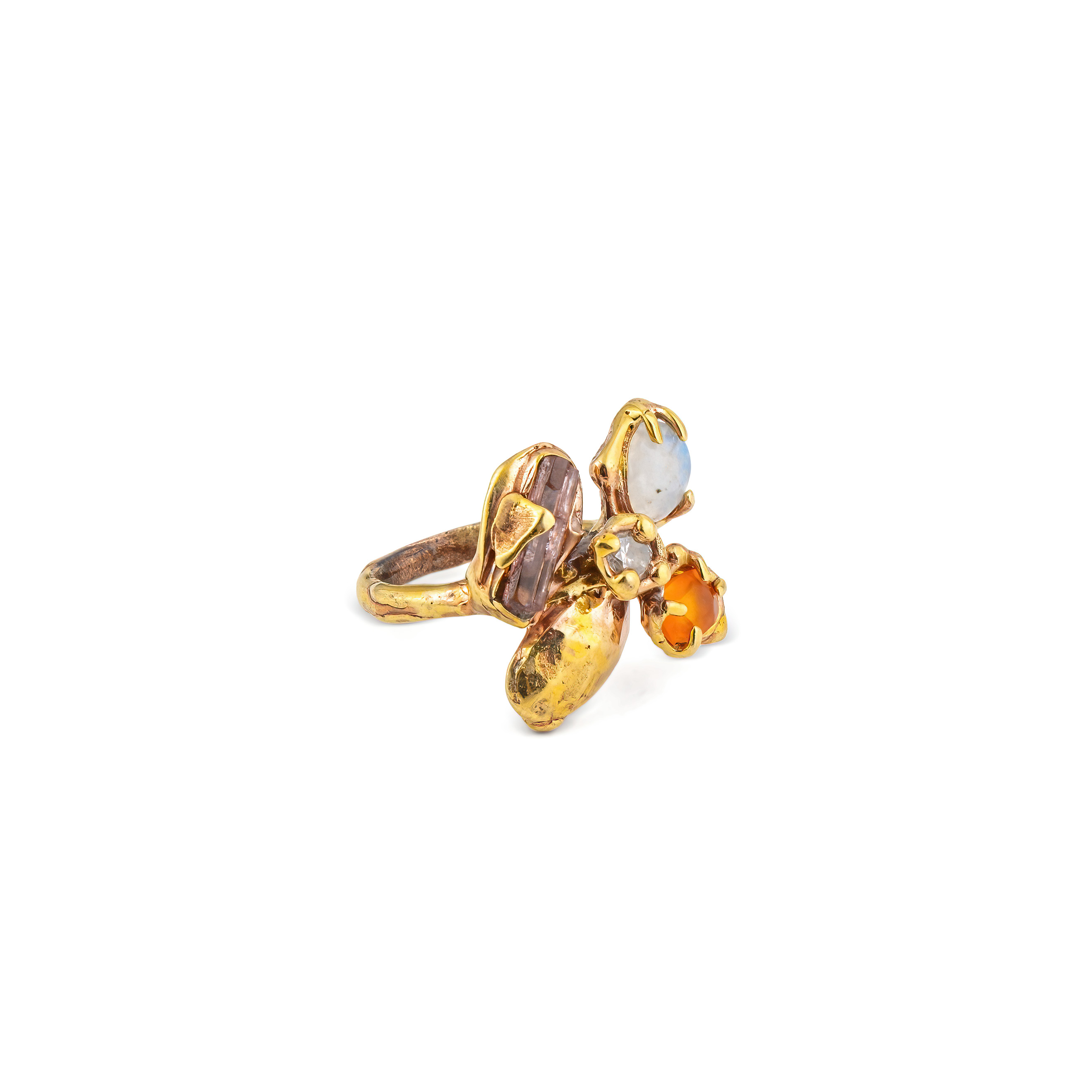 Brass ring with inserts: carnelian, quartz, tourmaline and cubic zirconia