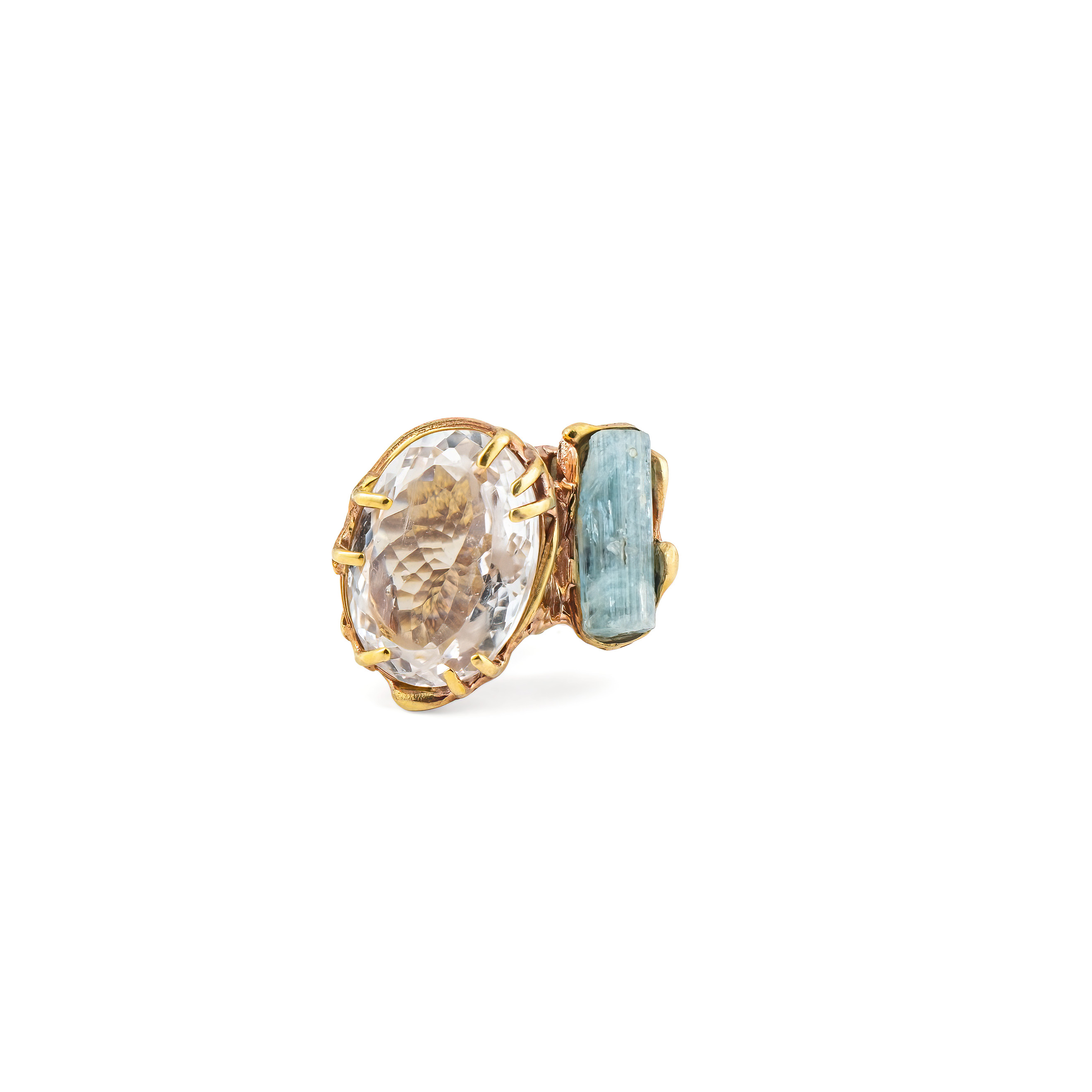 Brass ring with inserts: rhinestone and tourmaline