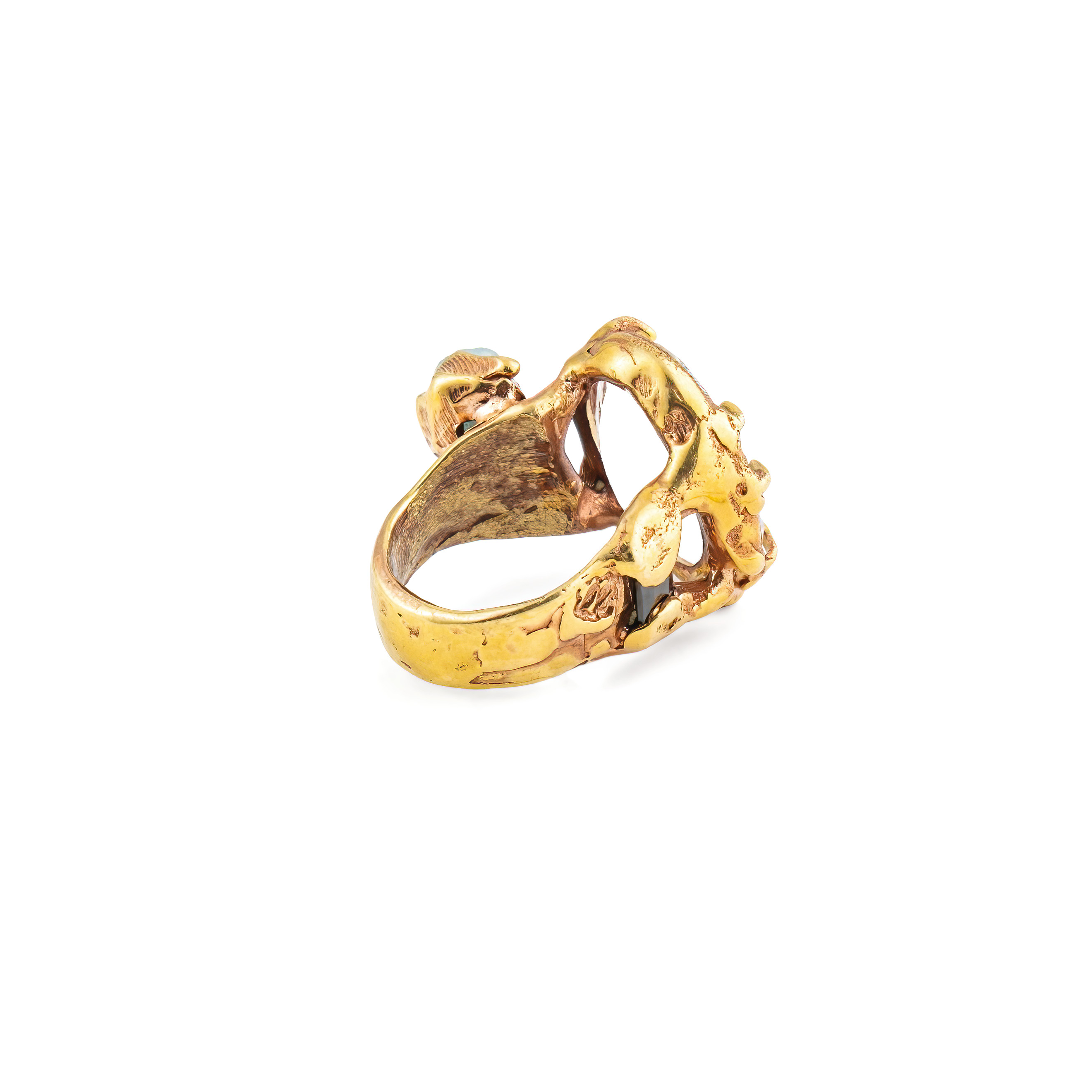 Brass ring with inserts: rhinestone and tourmaline