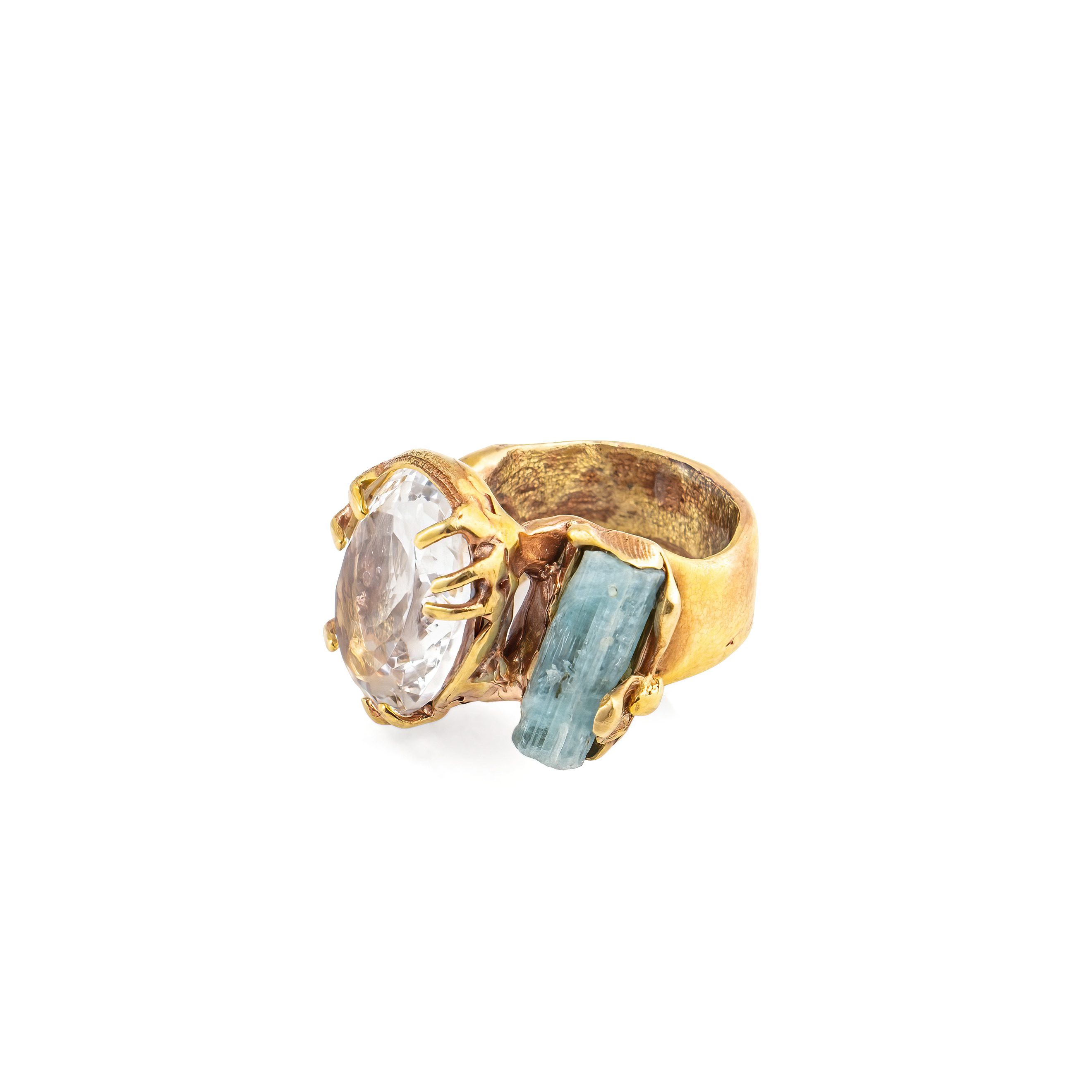 Brass ring with inserts: rhinestone and tourmaline