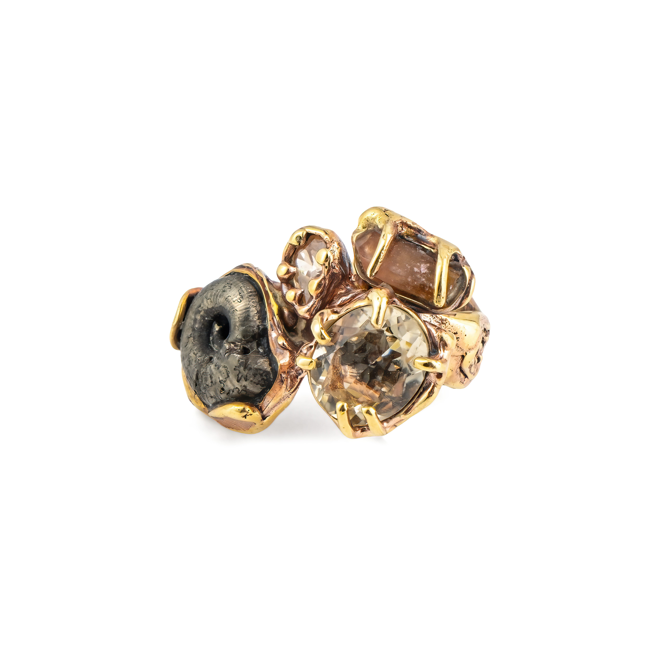 Brass ring with inserts: citrine and ammonite