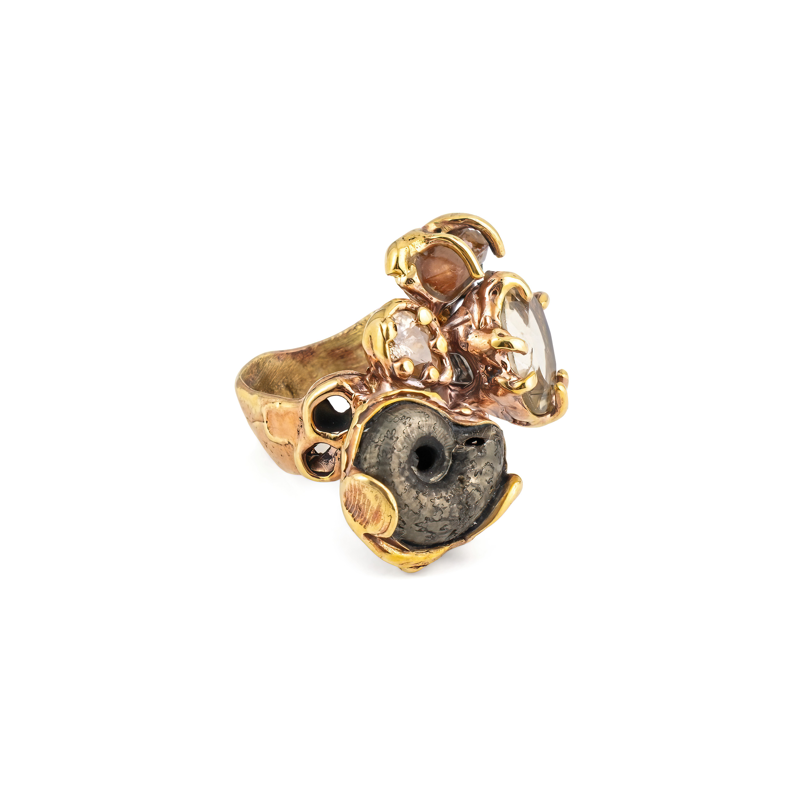 Brass ring with inserts: citrine and ammonite
