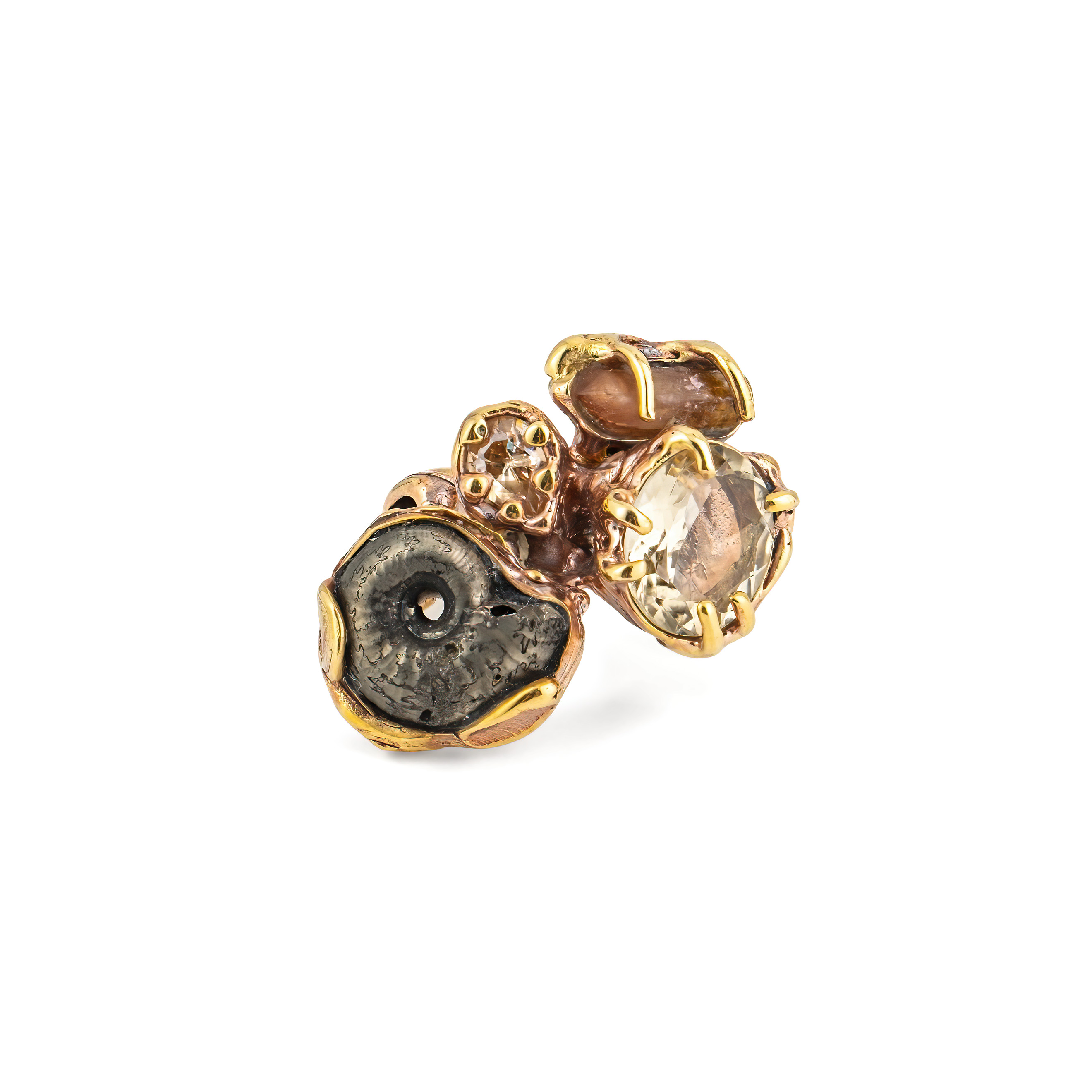 Brass ring with inserts: citrine and ammonite