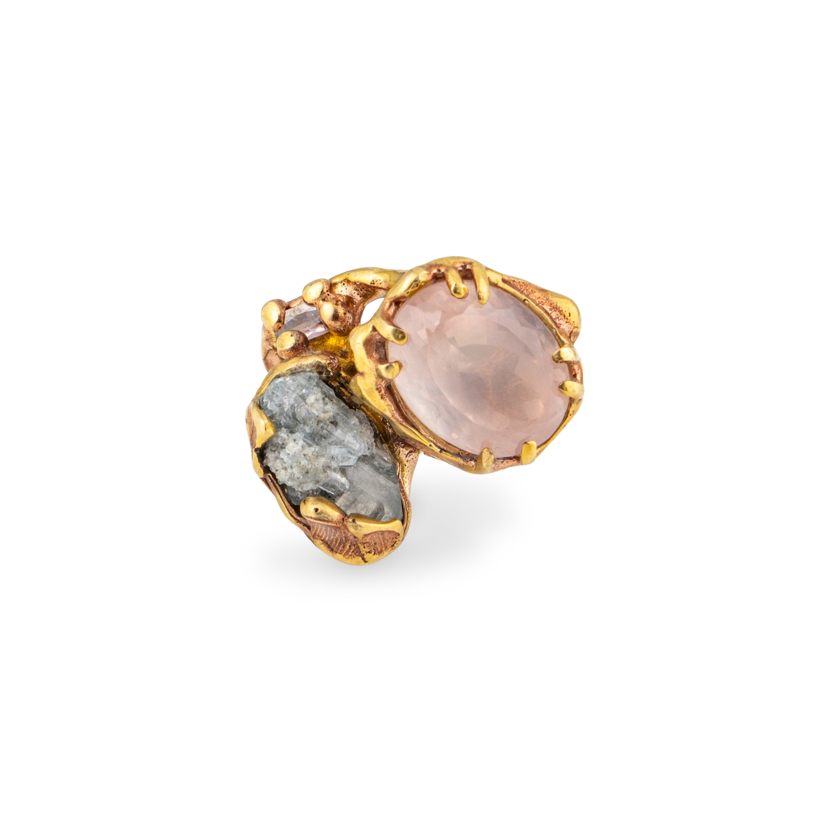 Brass ring with inserts: amethyst and quartz