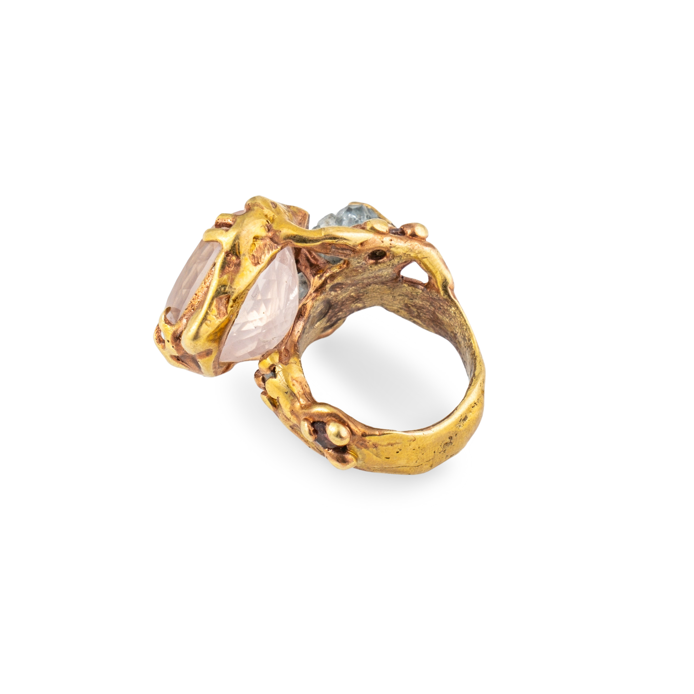 Brass ring with inserts: amethyst and quartz