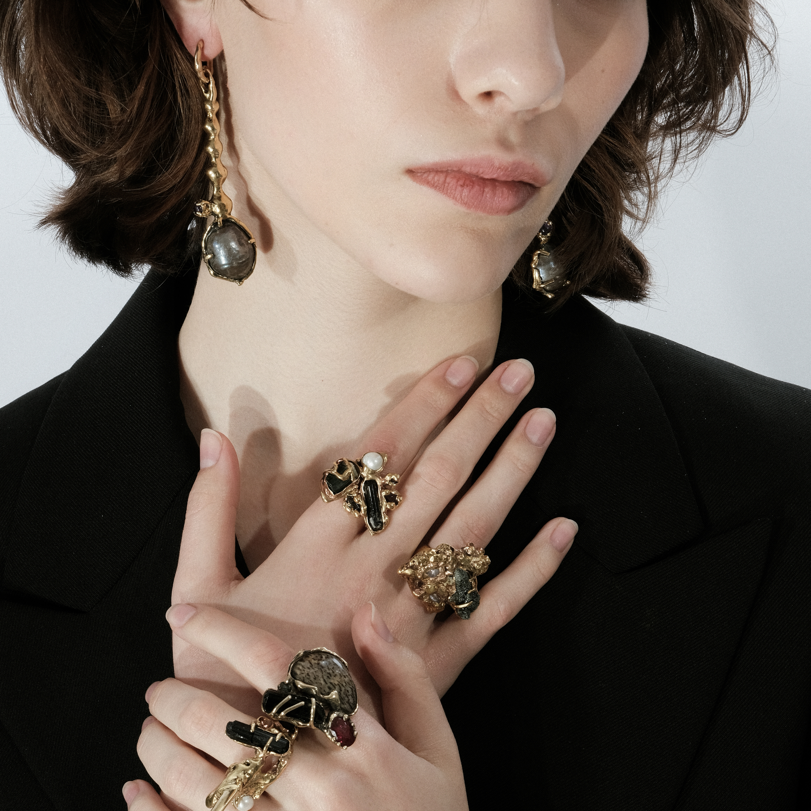 Brass ring with synthetic ruby, tourmaline and Jewish stone