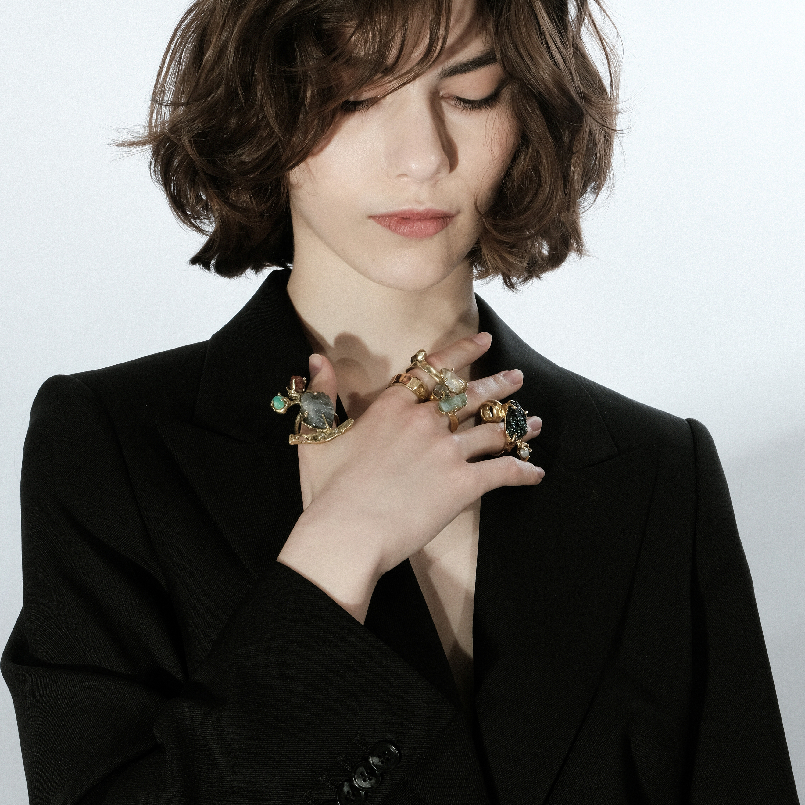 Brass ring with inserts: aquamarine, quartz and pyrite