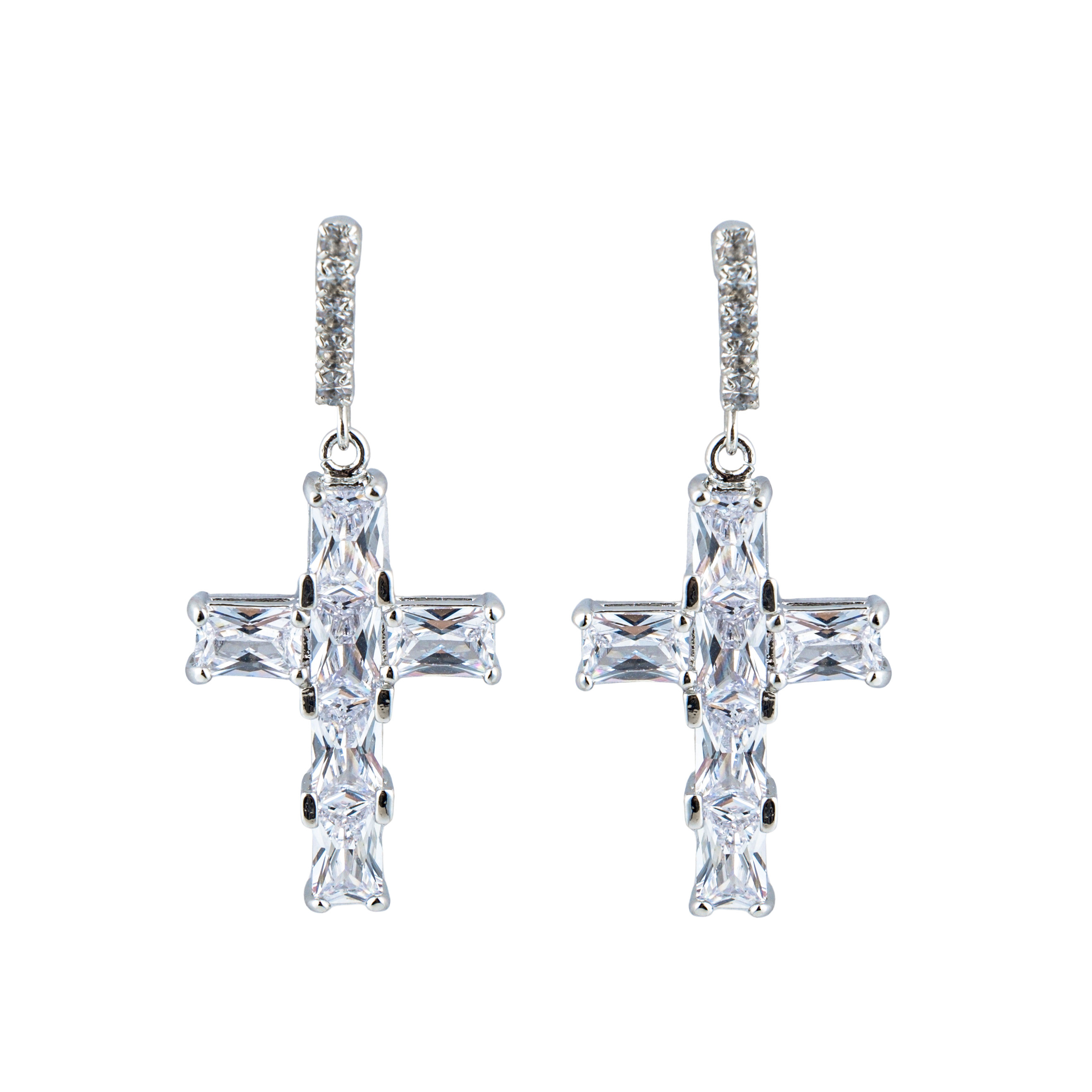 Silver Crystal Cross Earrings