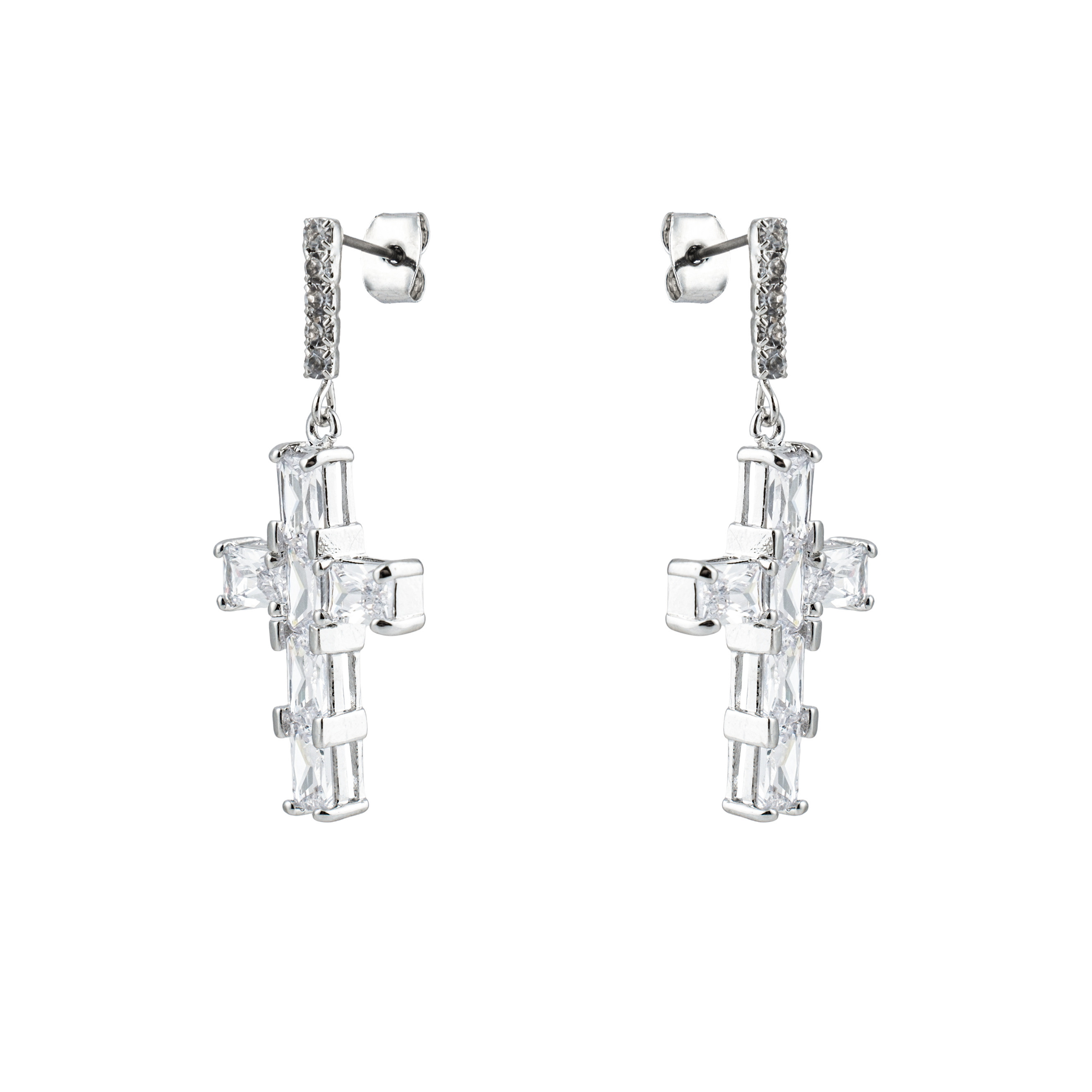 Silver Crystal Cross Earrings