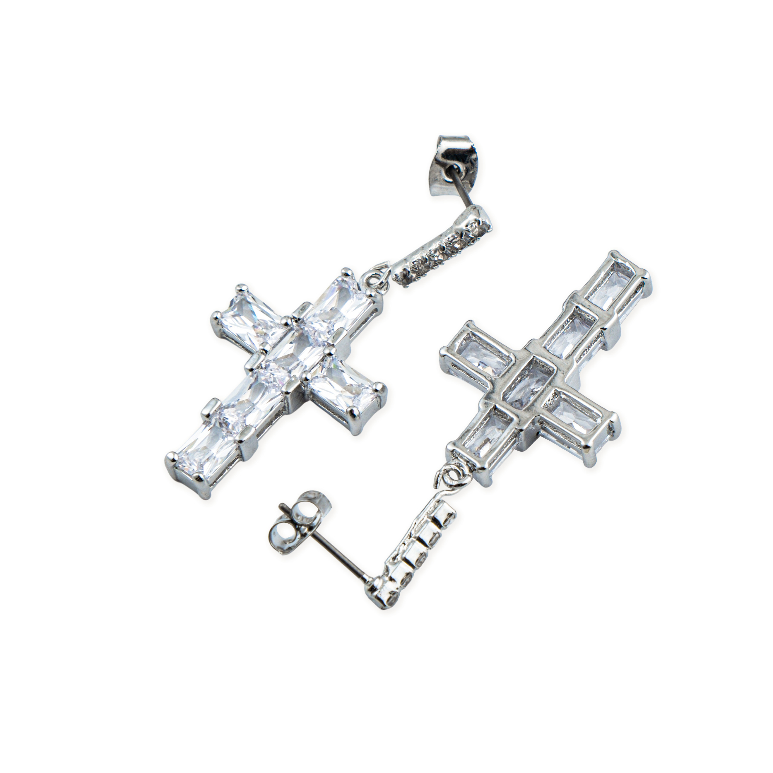 Silver Crystal Cross Earrings