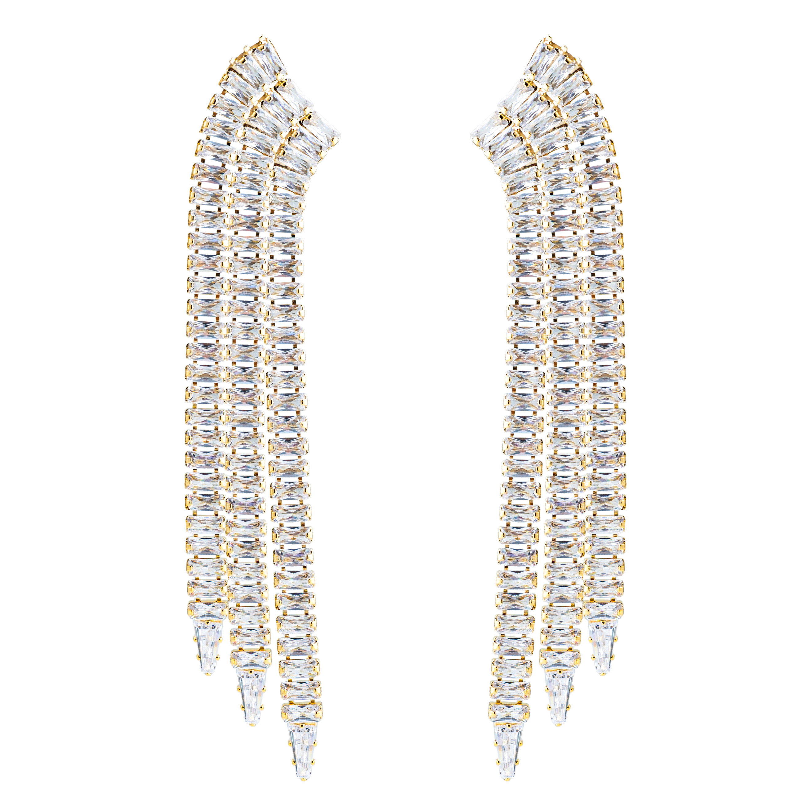 Golden earrings with long crystal track pendants