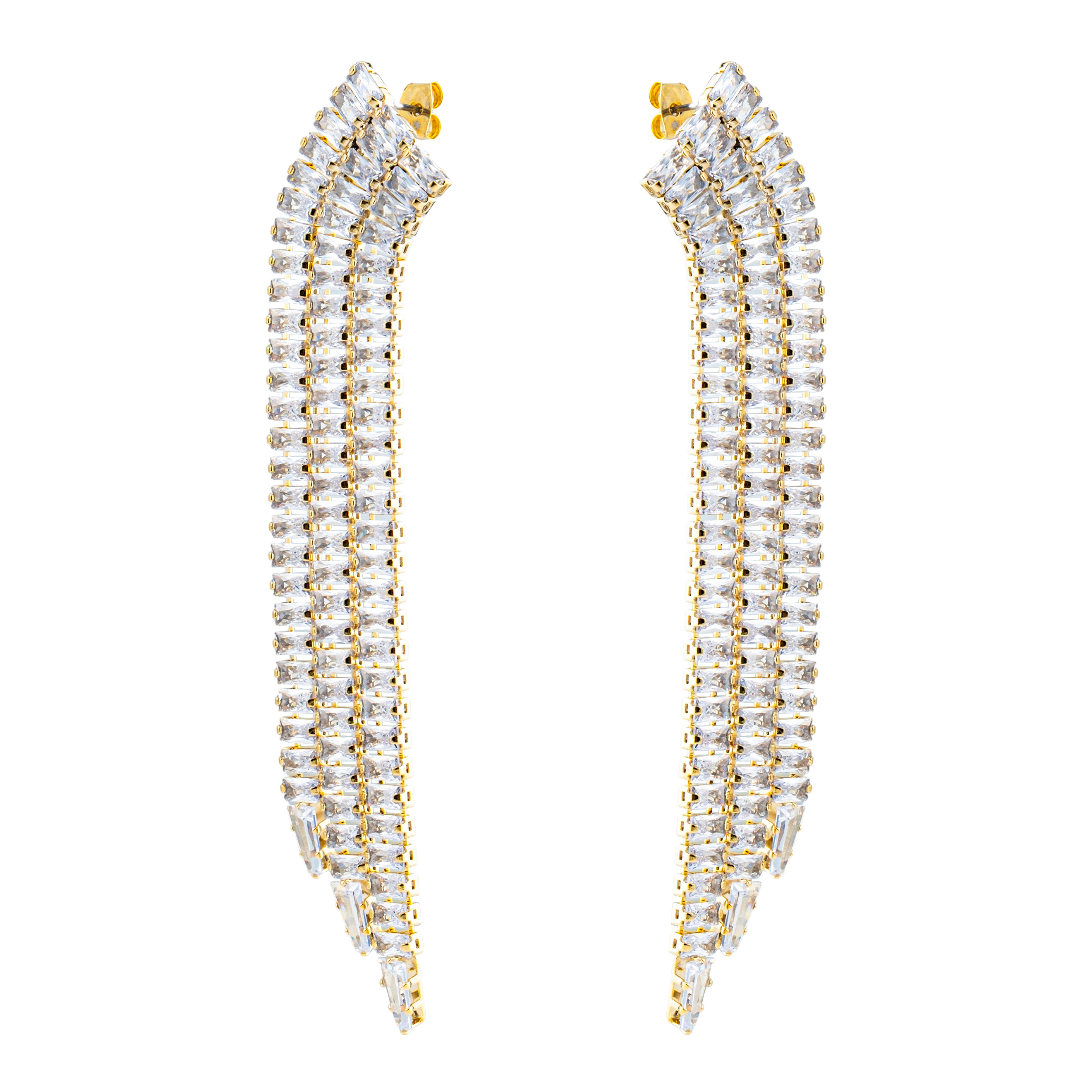 Golden earrings with long crystal track pendants