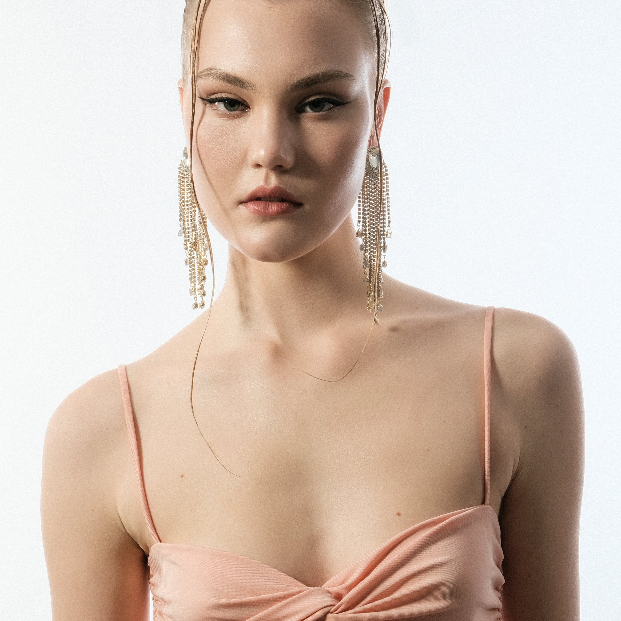 Large earrings with pear crystals and long pendants-pavй