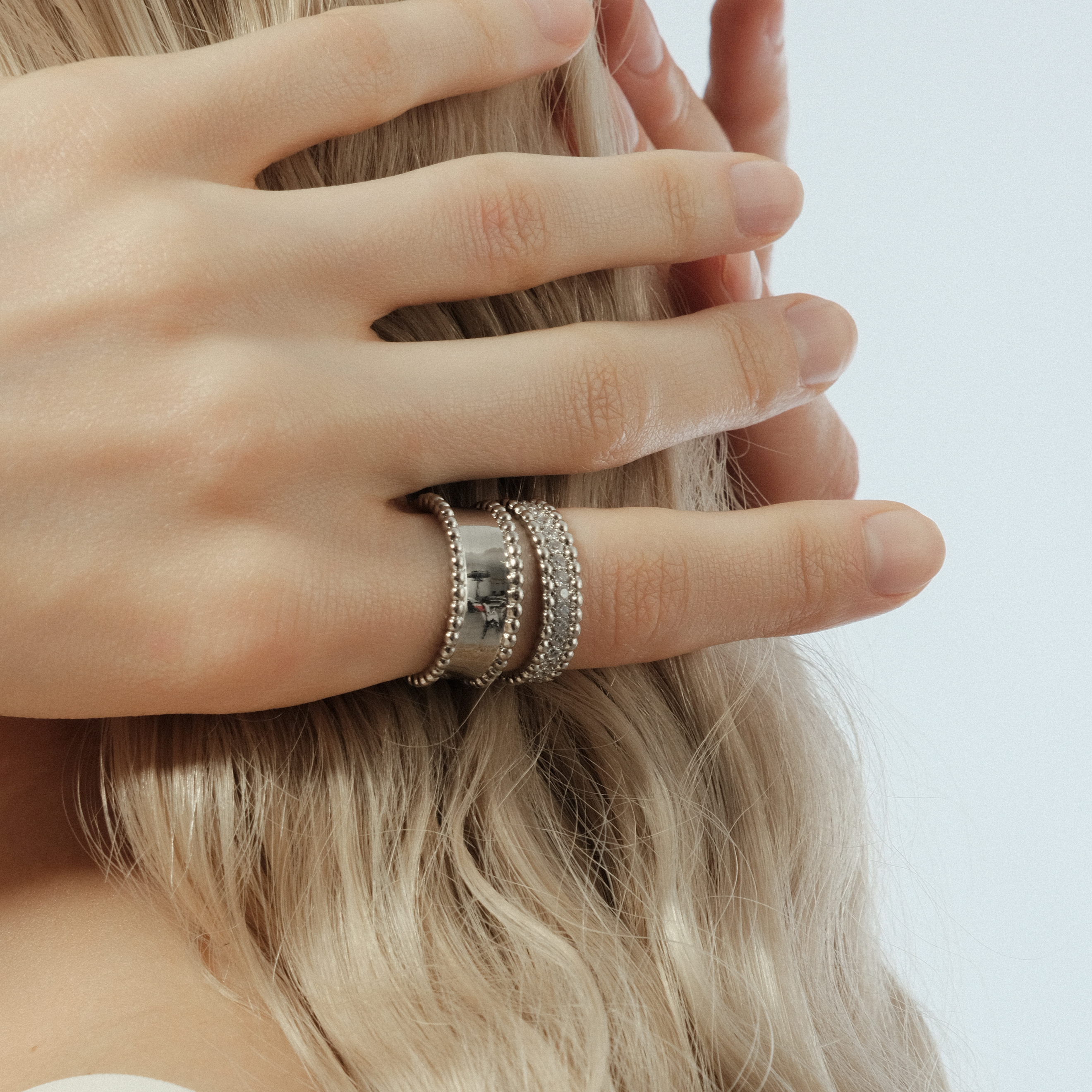 Set of silver rings with beads and crystals