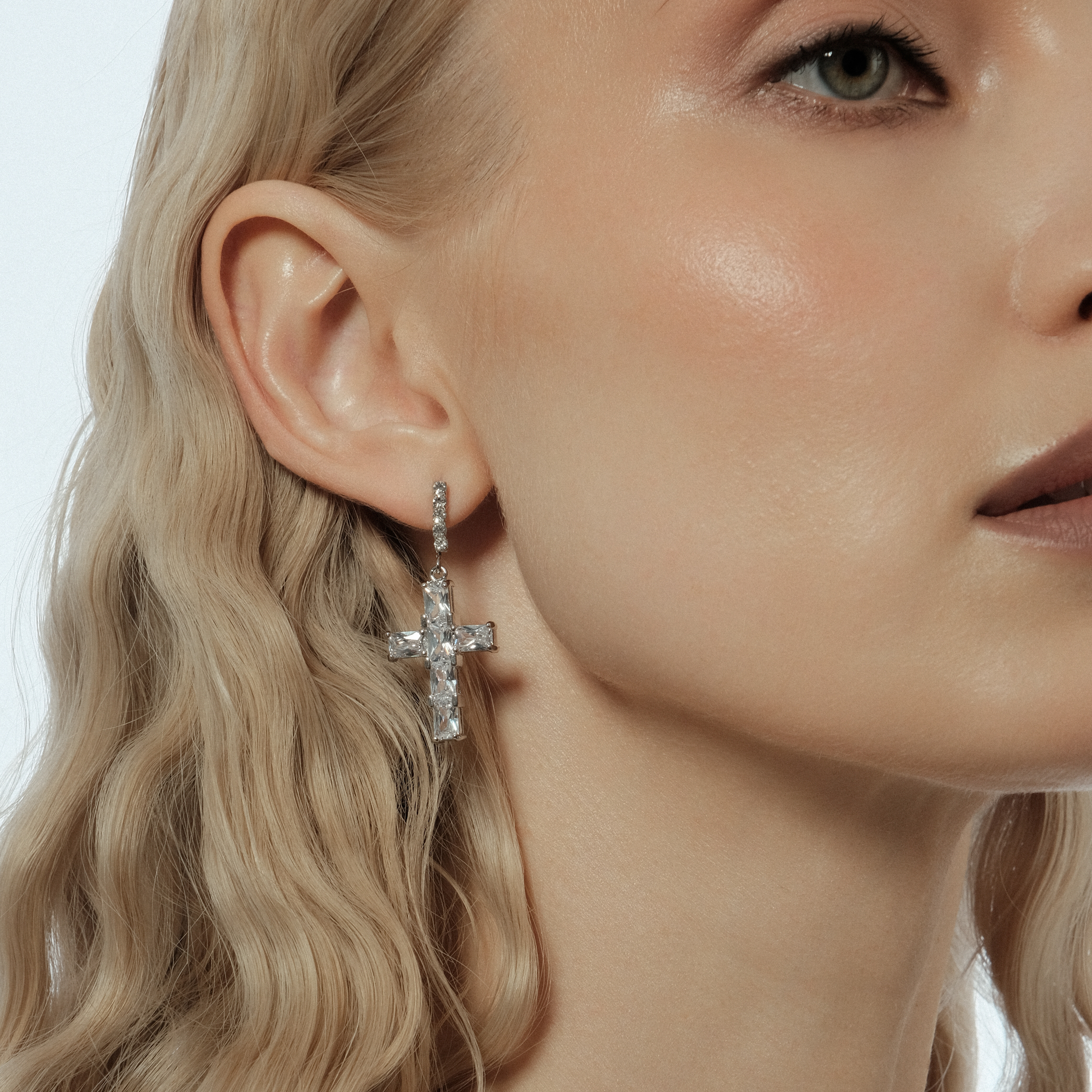 Silver Crystal Cross Earrings