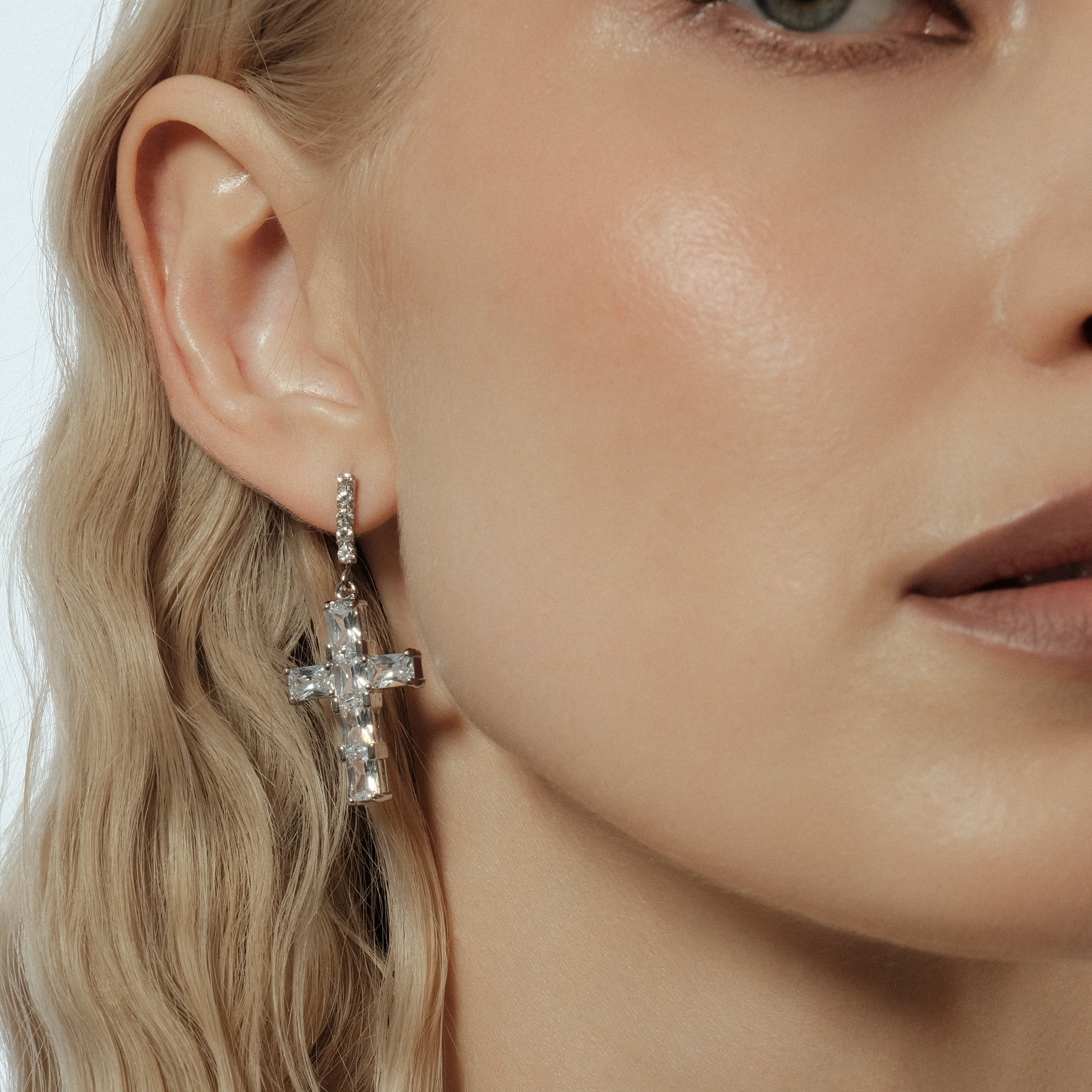 Silver Crystal Cross Earrings
