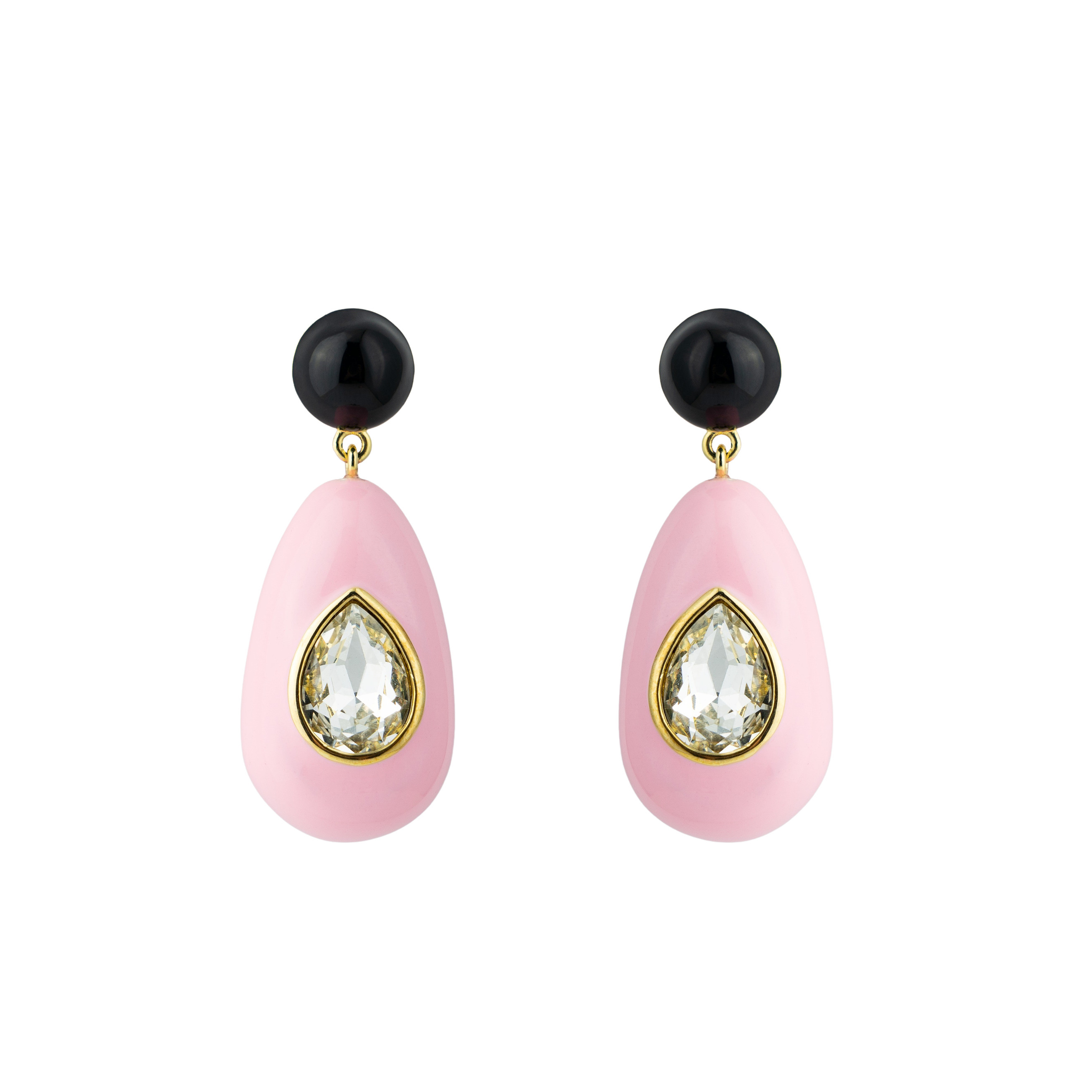 large earrings with pink and black enamel and large crystals