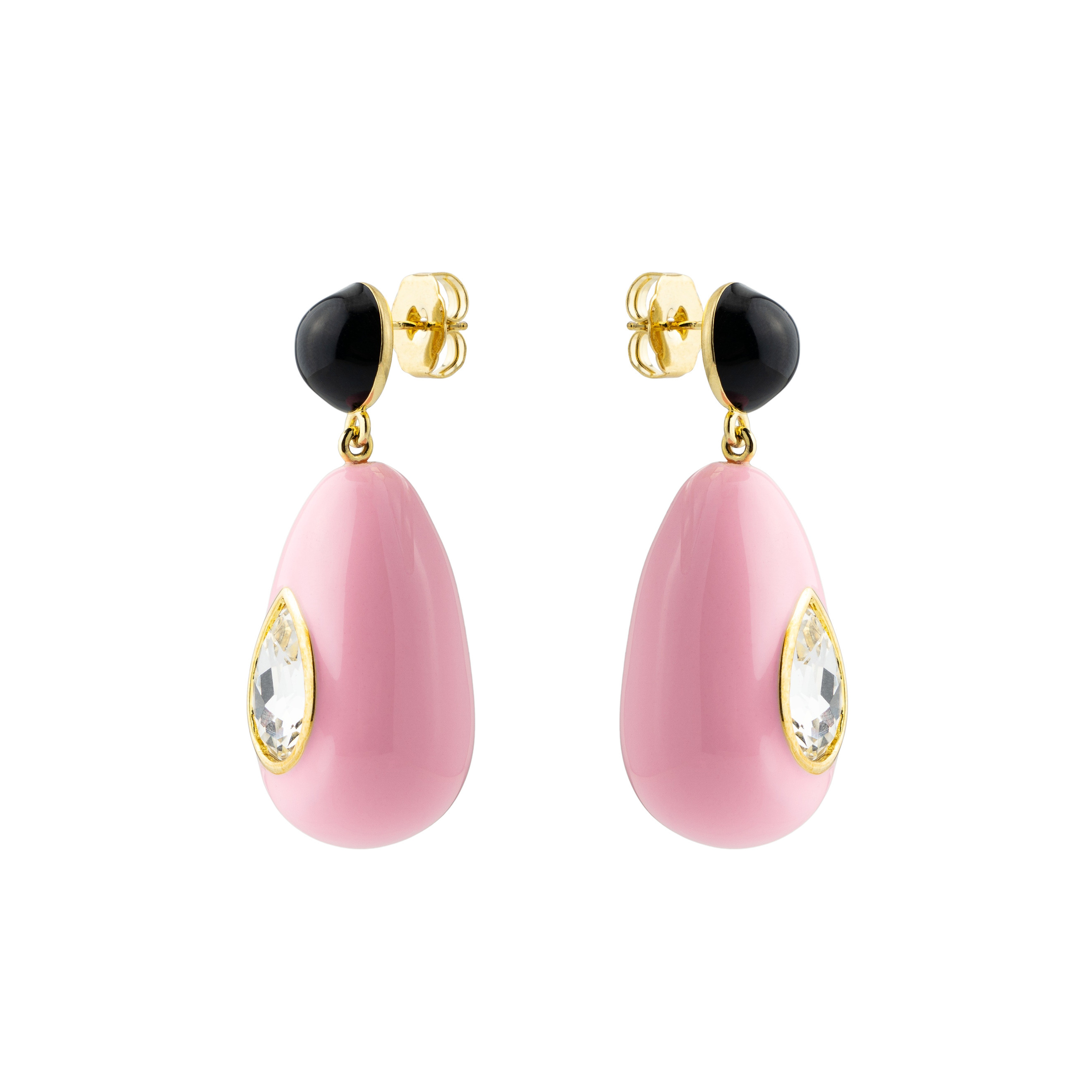 large earrings with pink and black enamel and large crystals