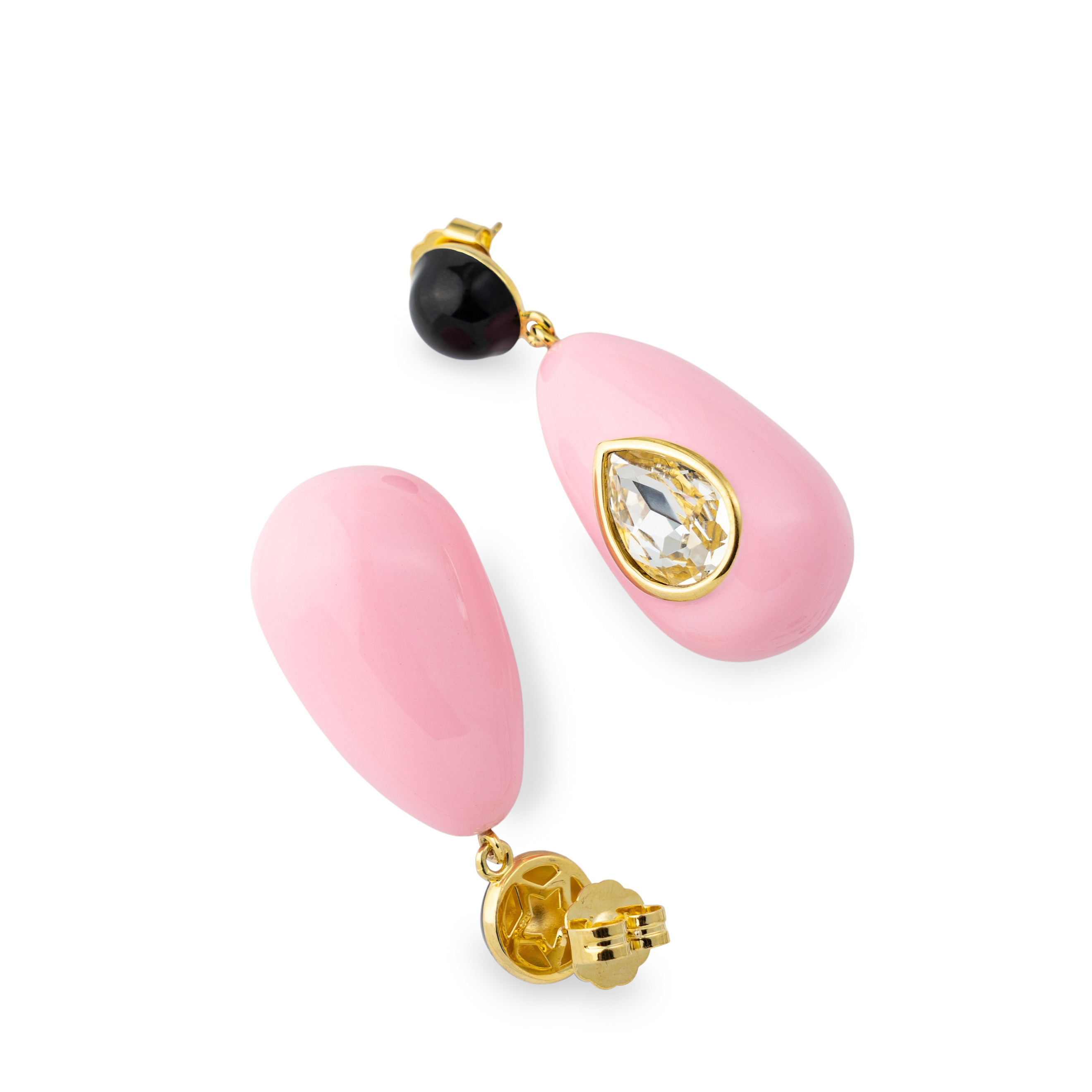 large earrings with pink and black enamel and large crystals