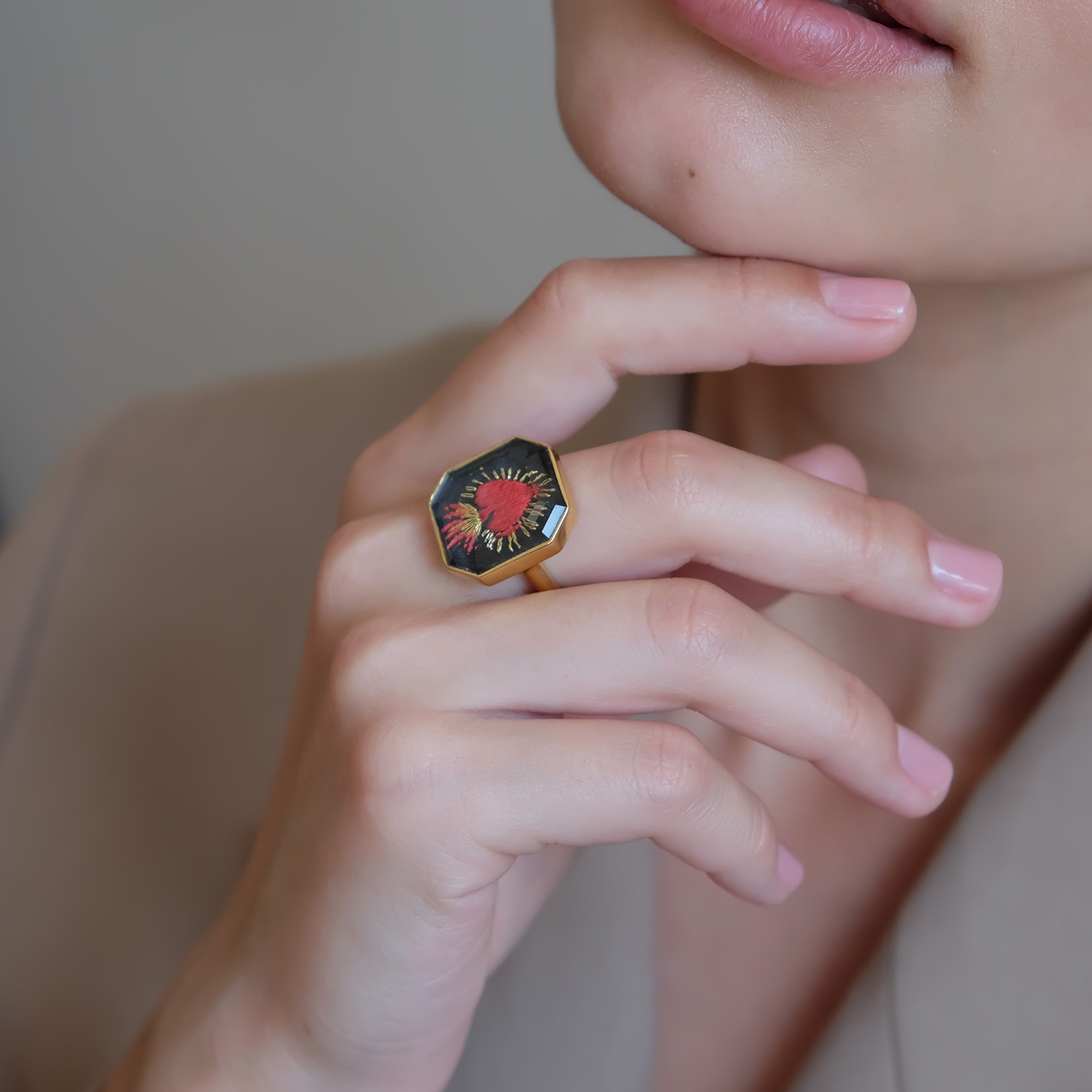 Gold-plated Flaming Heart ring made of silver