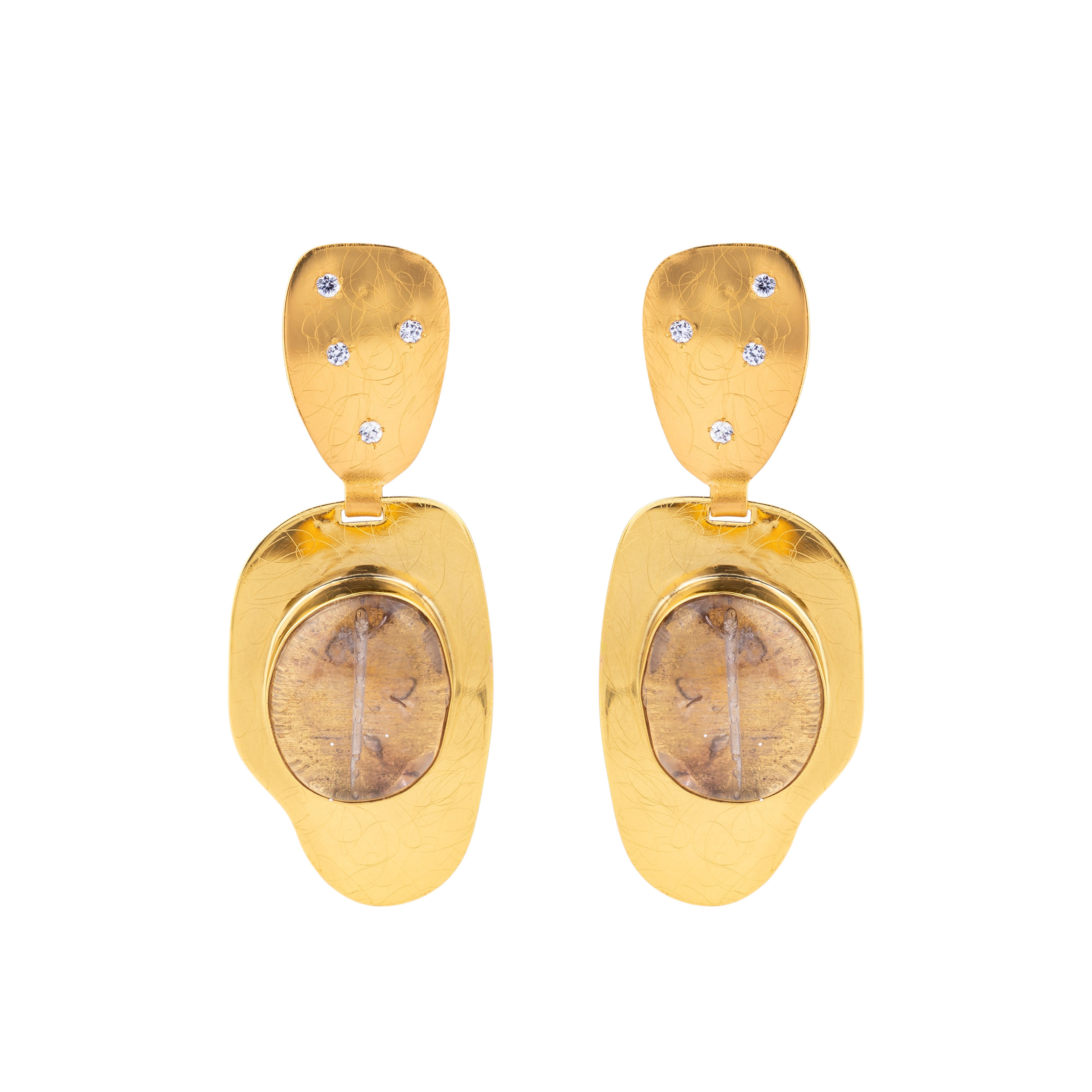 Gold-plated earrings with pink quartz and crystals