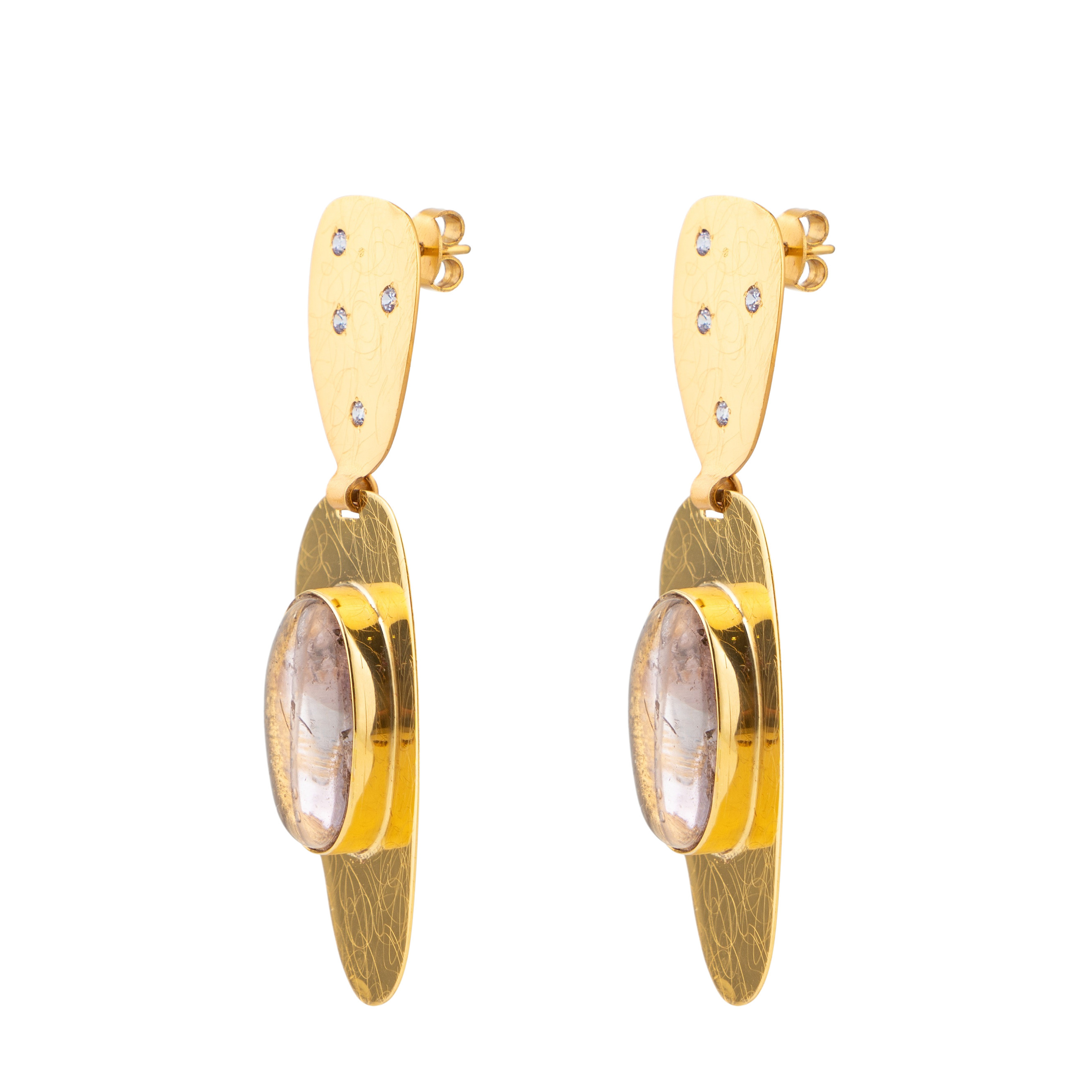 Gold-plated earrings with pink quartz and crystals