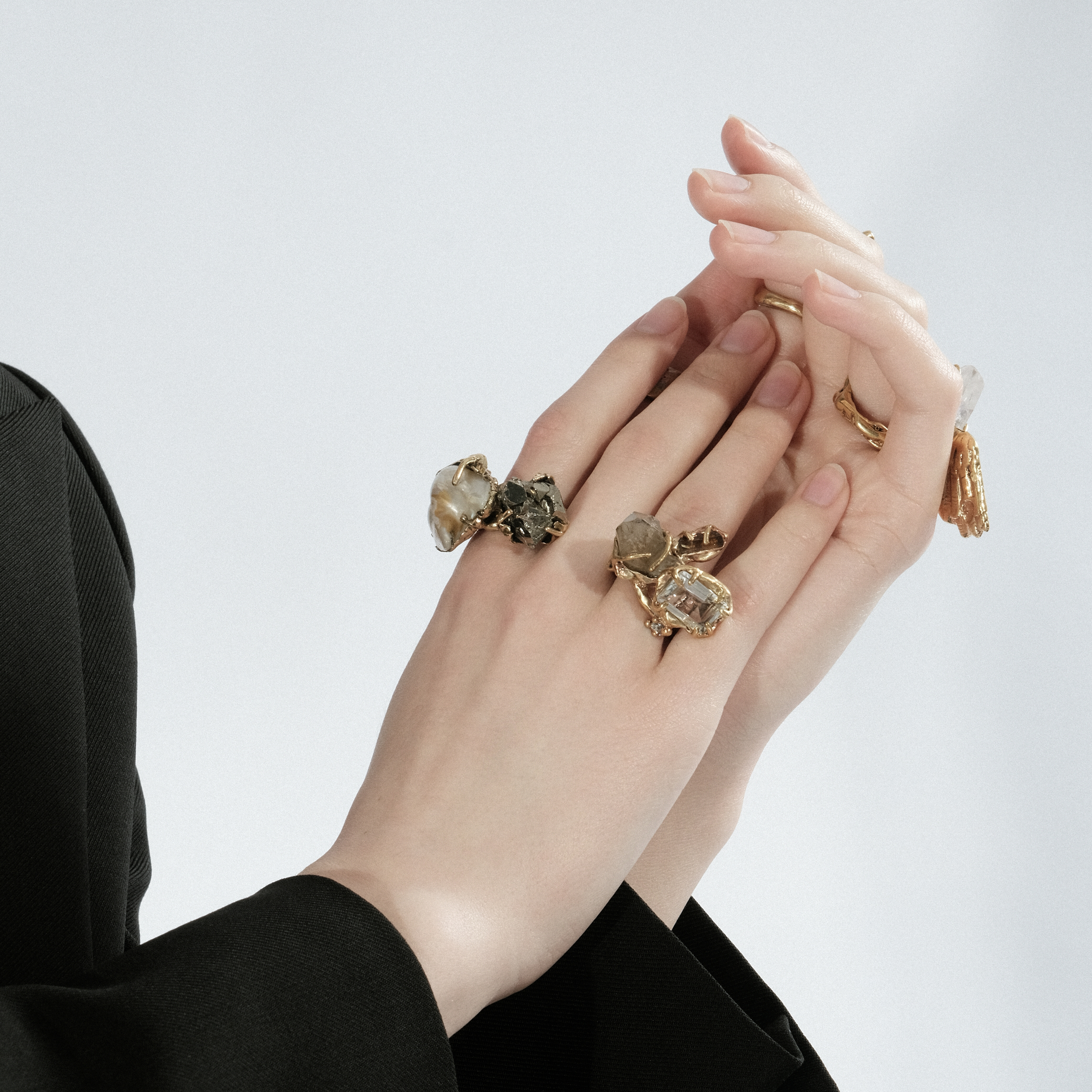 Brass ring with inserts: pearls, cubic zirconia and pyrite