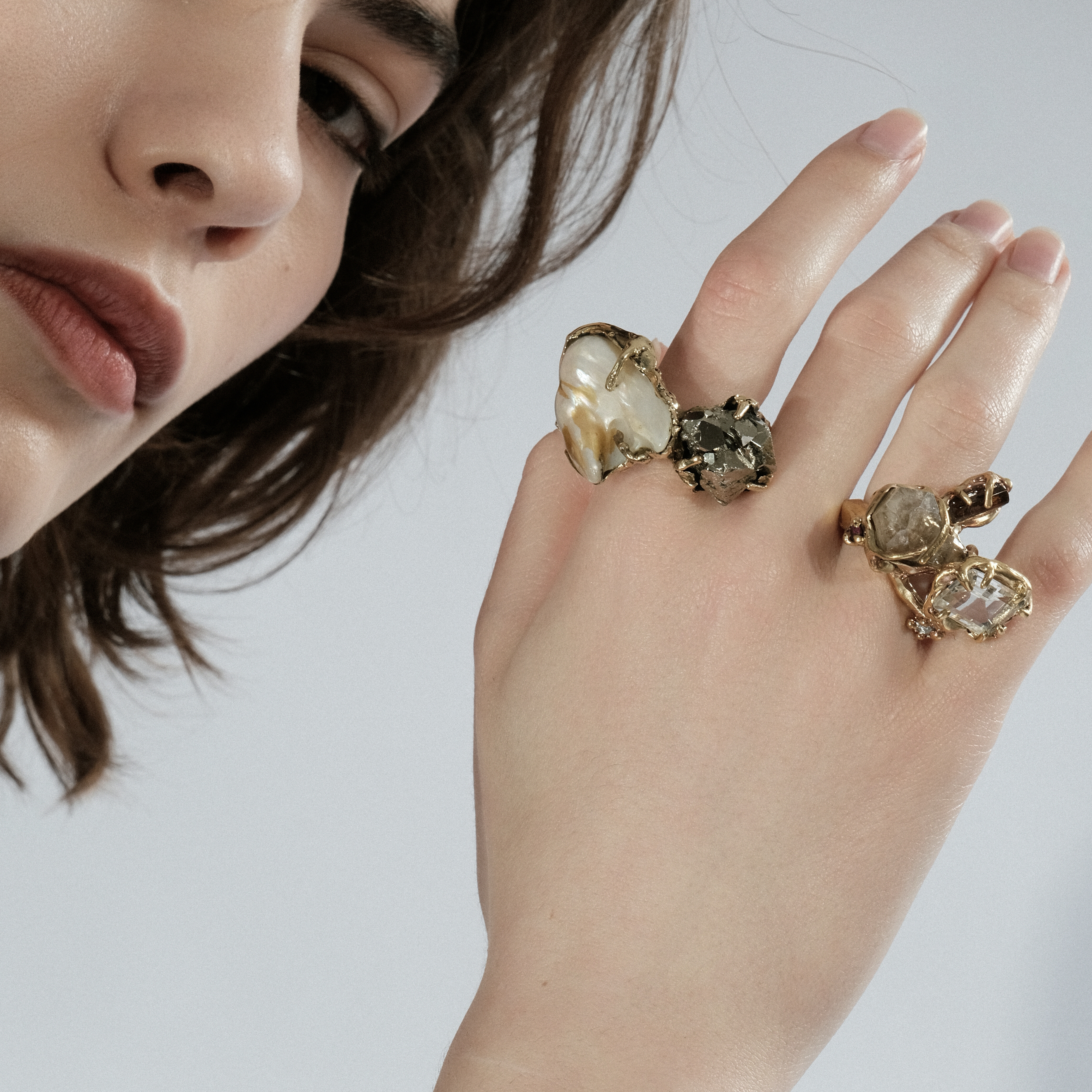Brass ring with inserts: pearls, cubic zirconia and pyrite