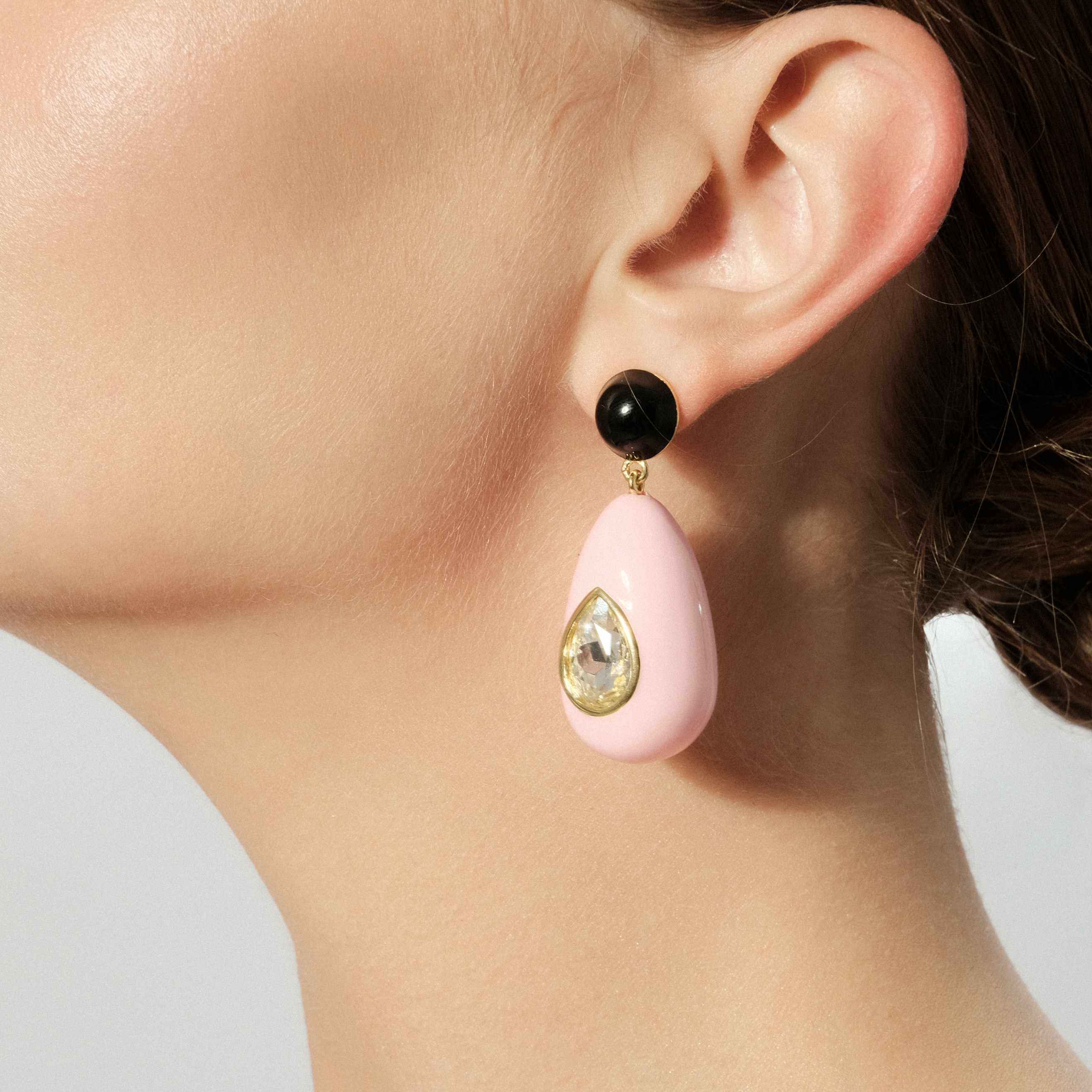 large earrings with pink and black enamel and large crystals