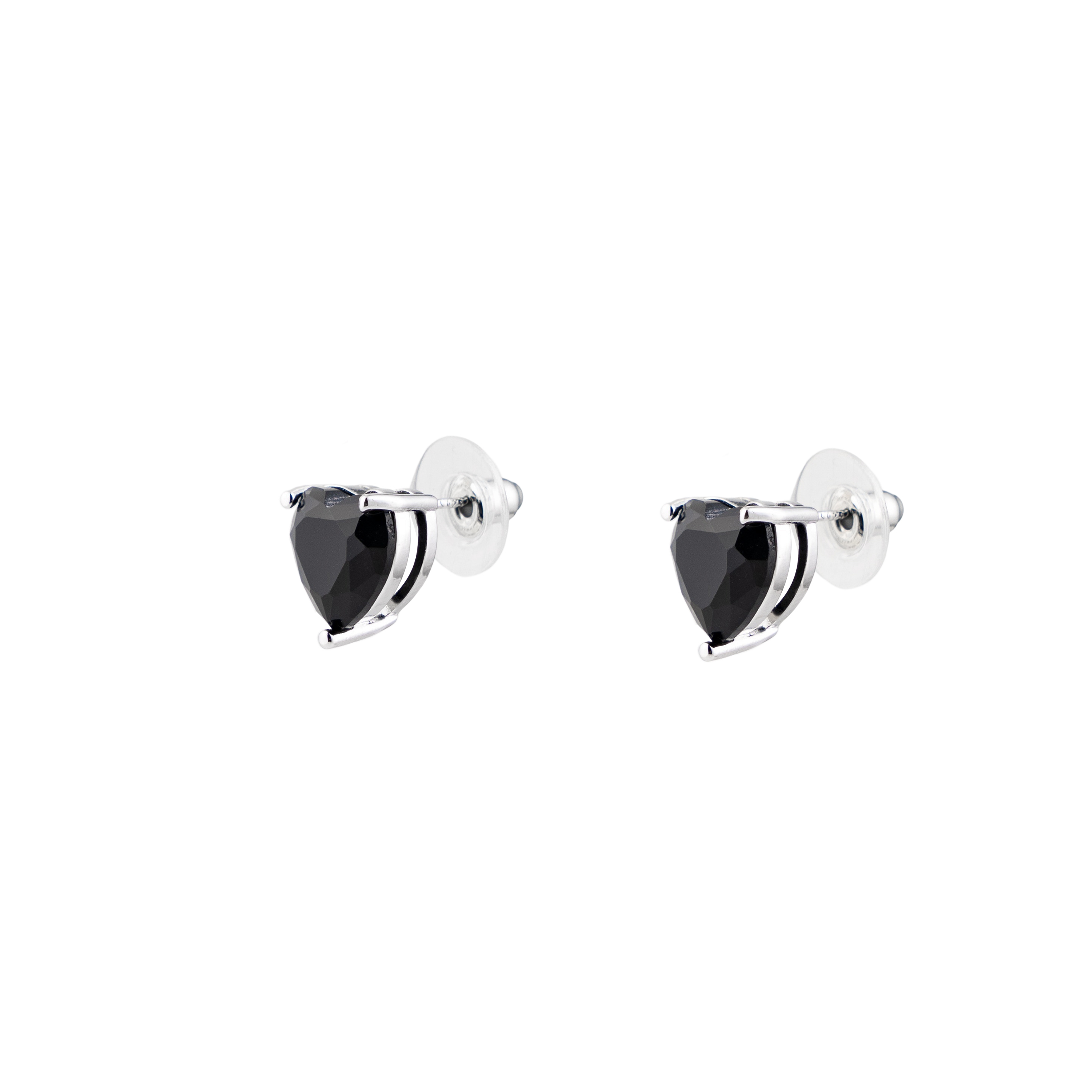 Silver earrings in the shape of a black heart