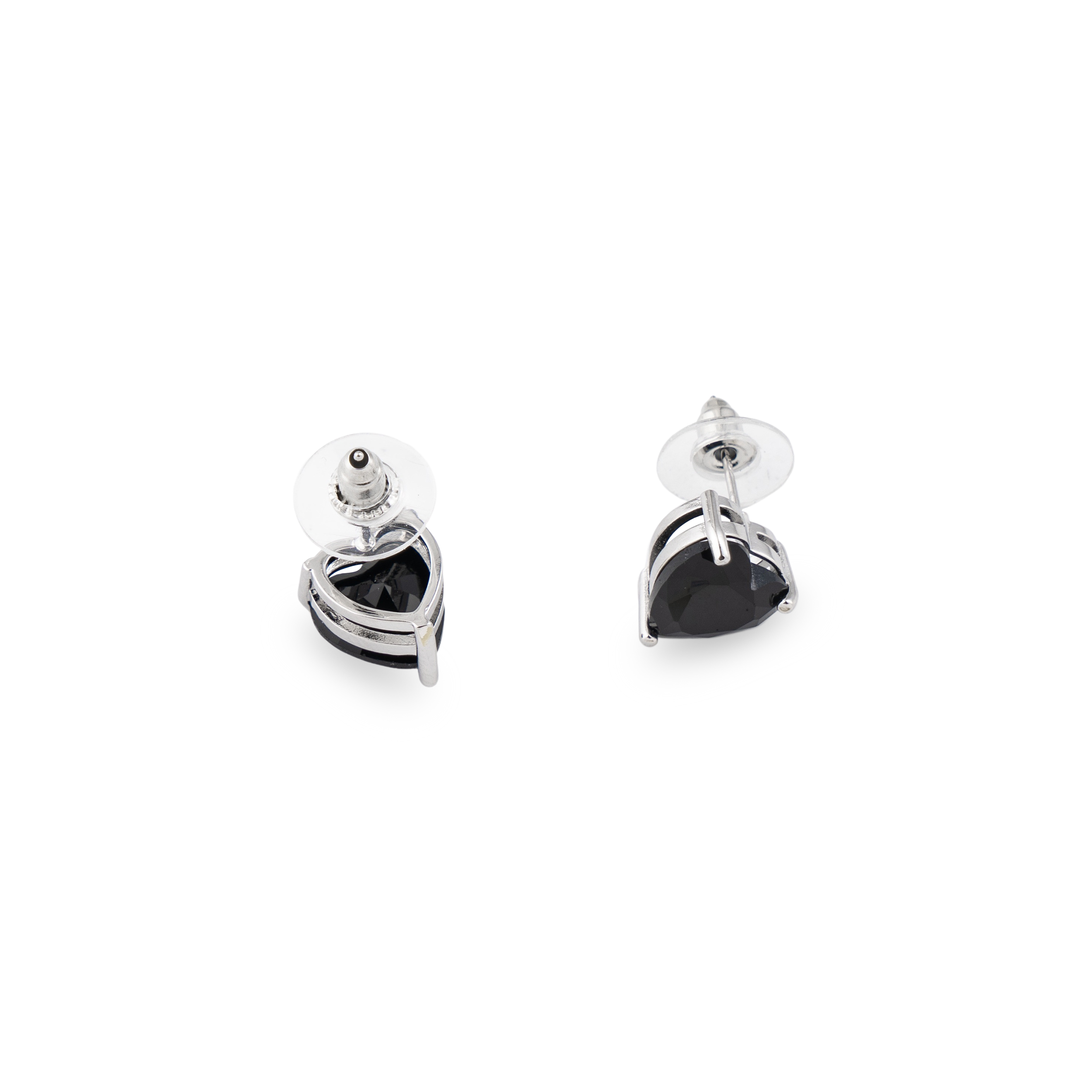 Silver earrings in the shape of a black heart