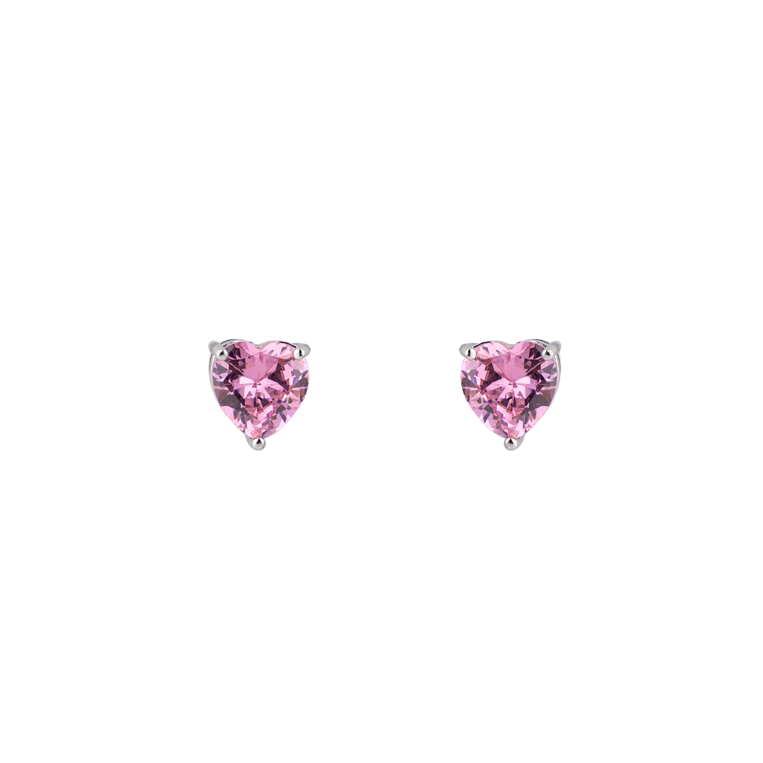 Silver earrings in the shape of a pink heart