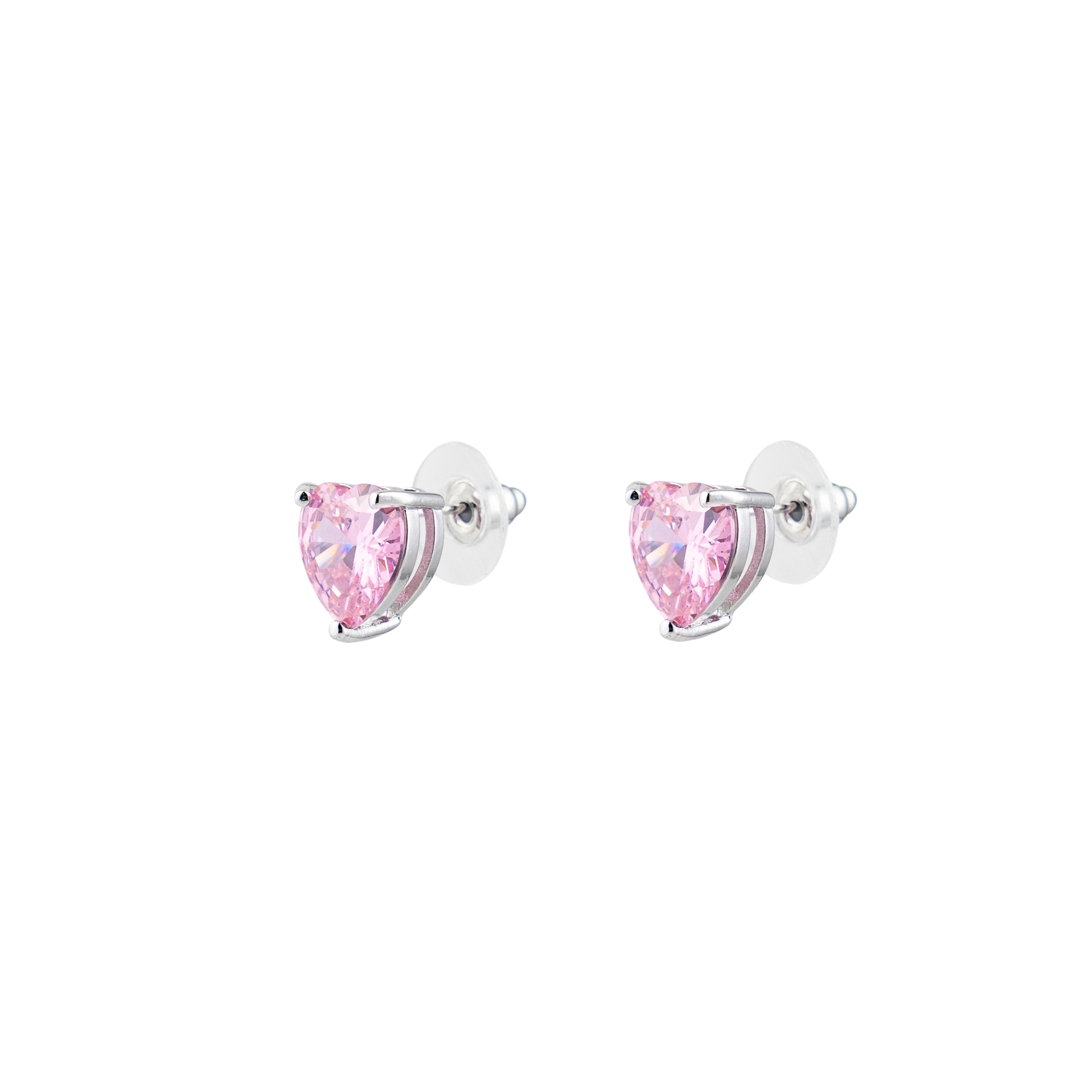 Silver earrings in the shape of a pink heart