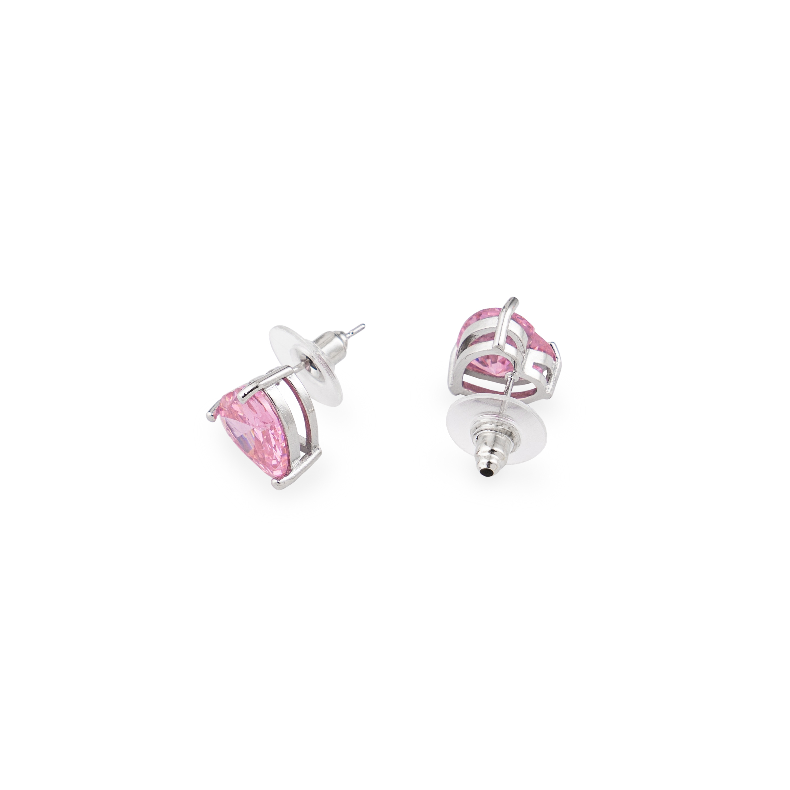 Silver earrings in the shape of a pink heart