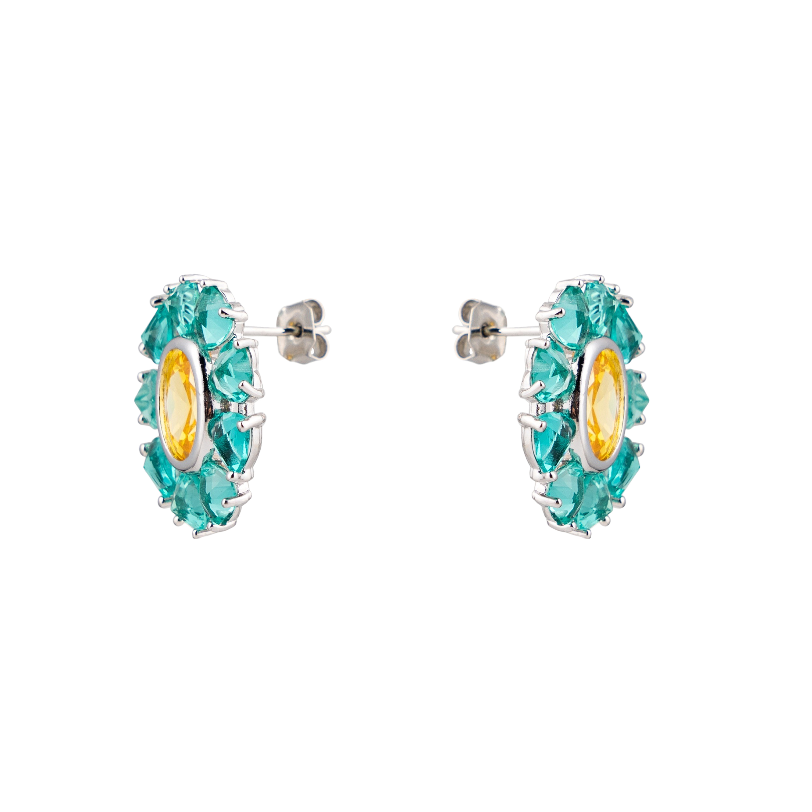 Oval earrings with blue and yellow crystals