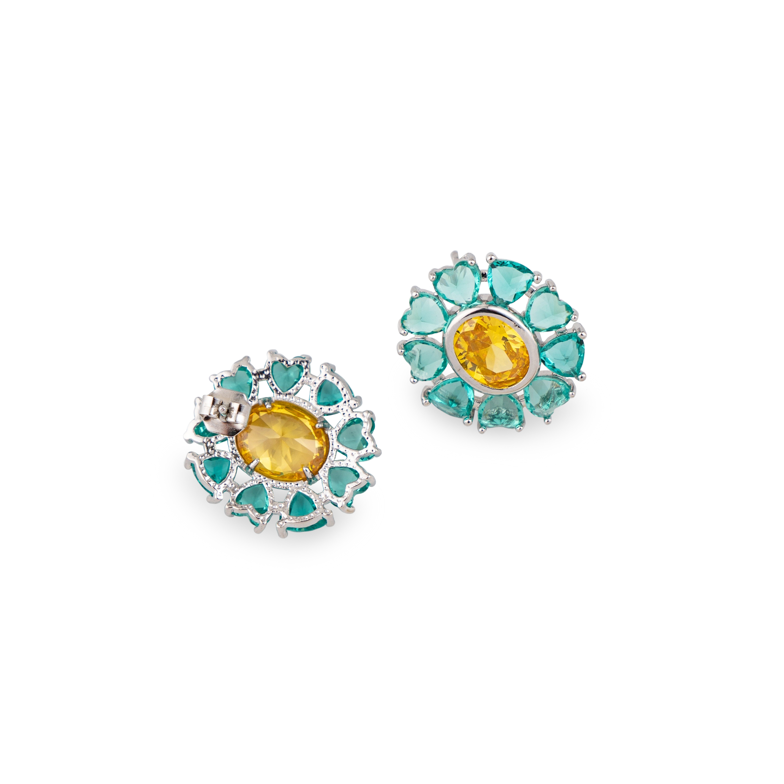 Oval earrings with blue and yellow crystals